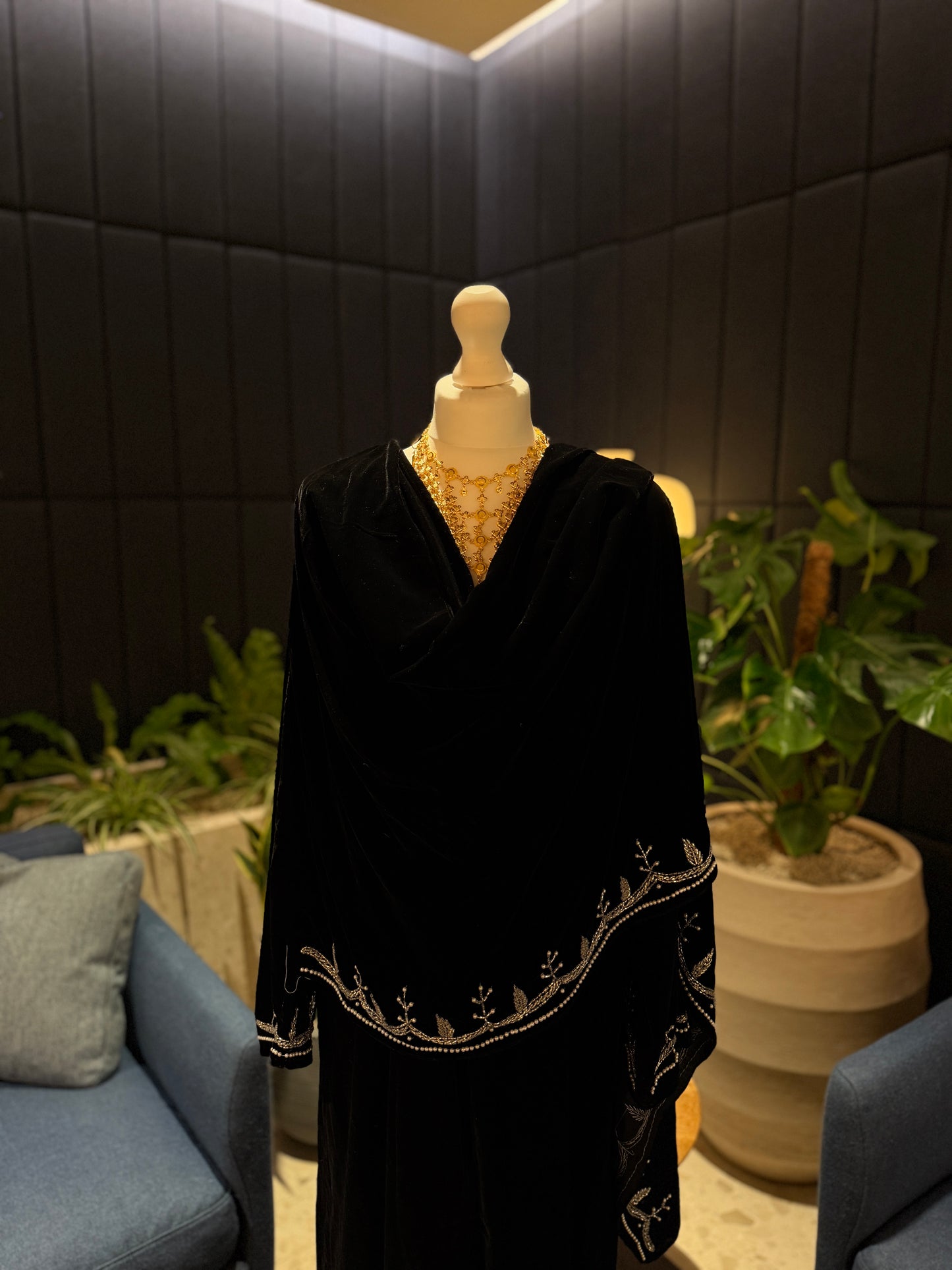 Black Velvet abaya with attached scarf, handmade work