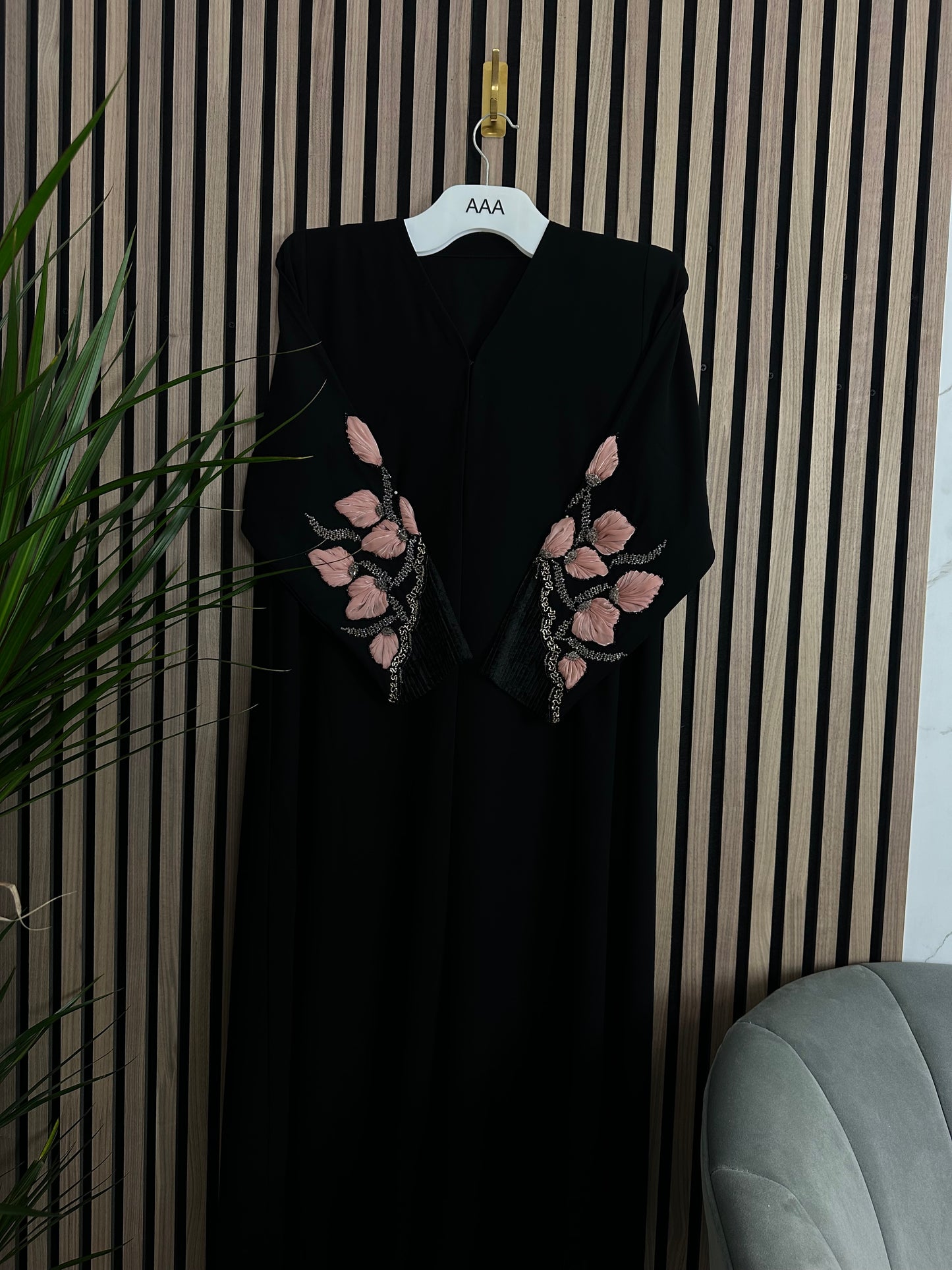 Black abaya with matching Shiela with handmade work on the sleeves