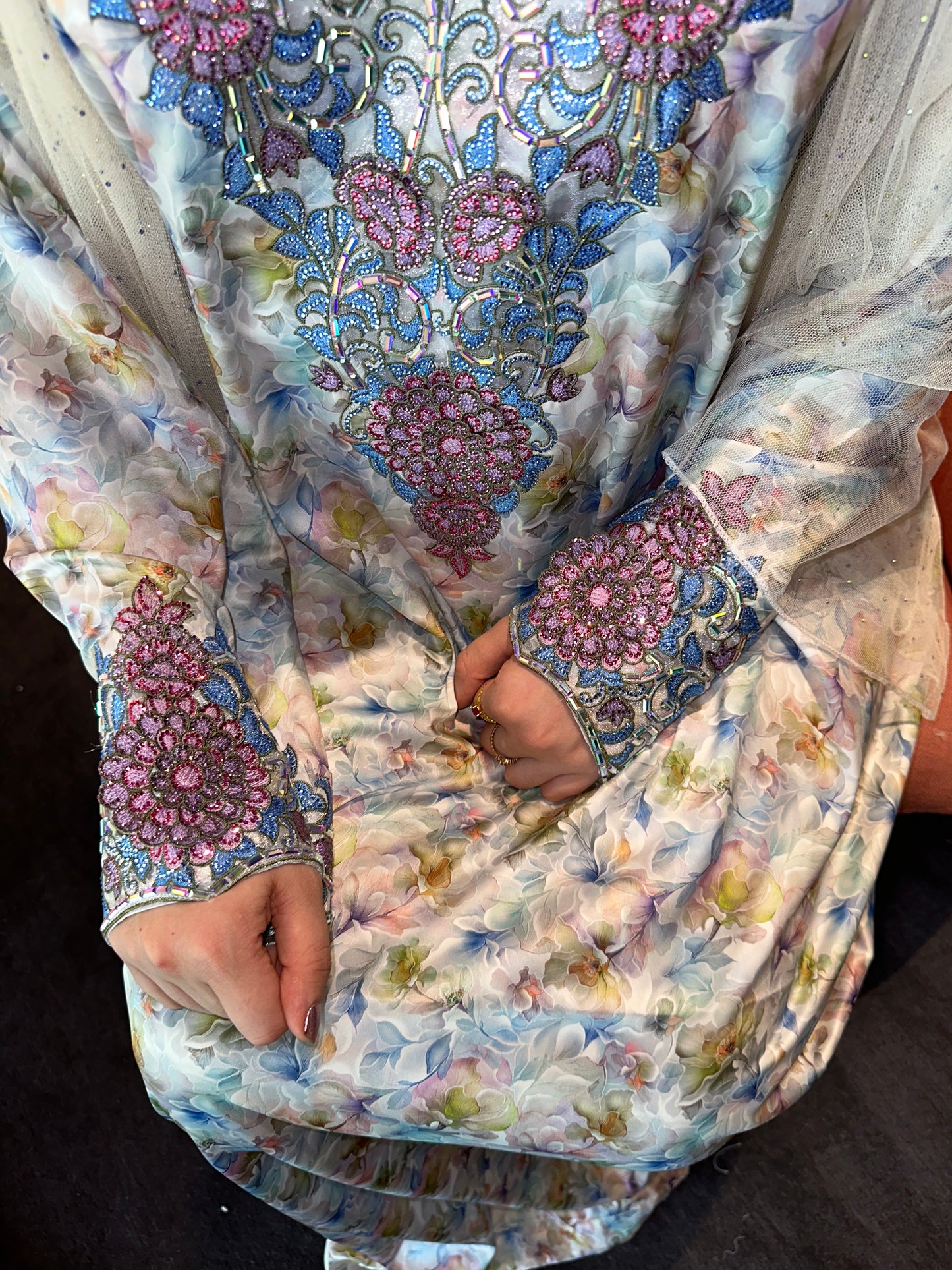 Floral blue silk mkhwar with corset and chiffon Sheila