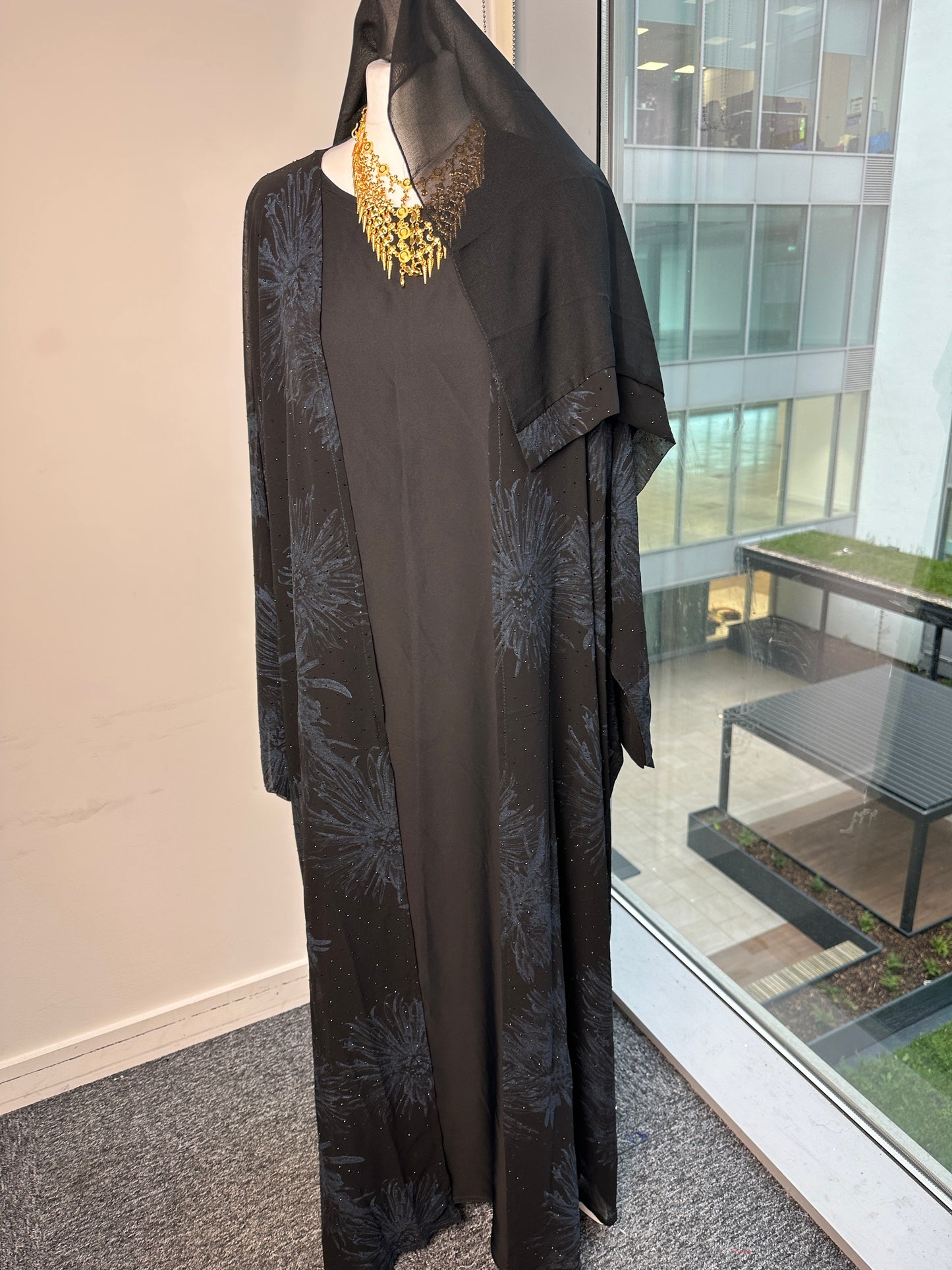 Blue leaf chiffon winged sleeve abaya with matching Sheila