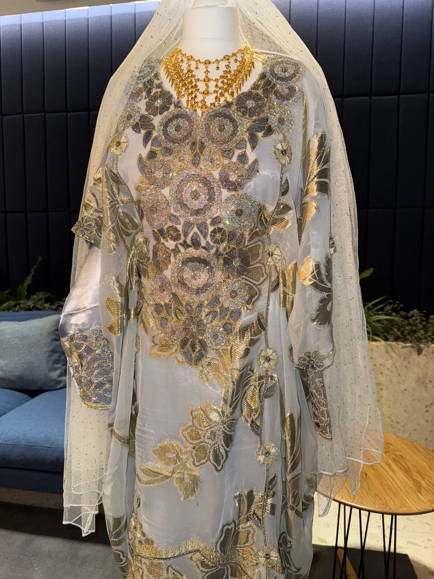 Grey/ blue sky Emirates Thobe with two pieces and belt inside