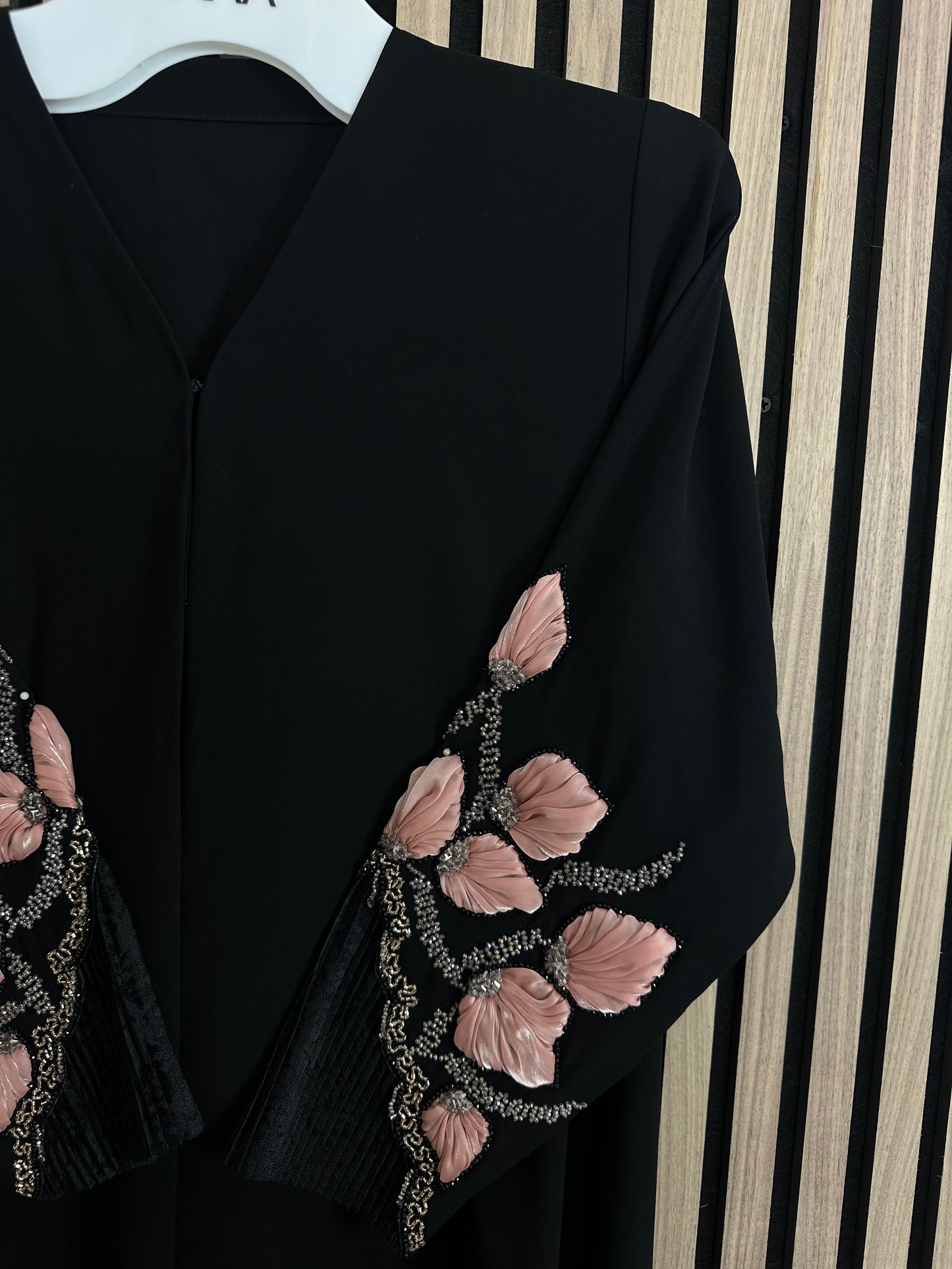 Black abaya with matching Shiela with handmade work on the sleeves