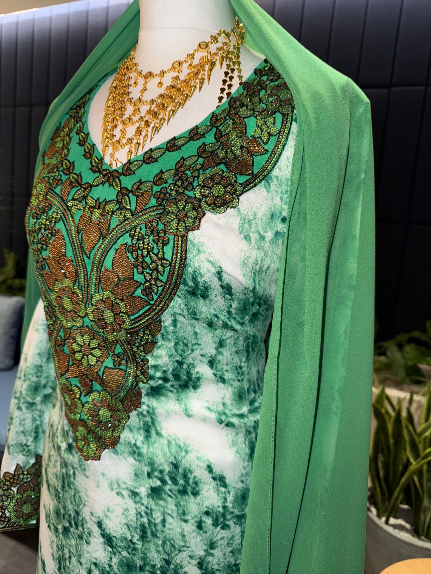 Green mukhawar with hijab and corset back