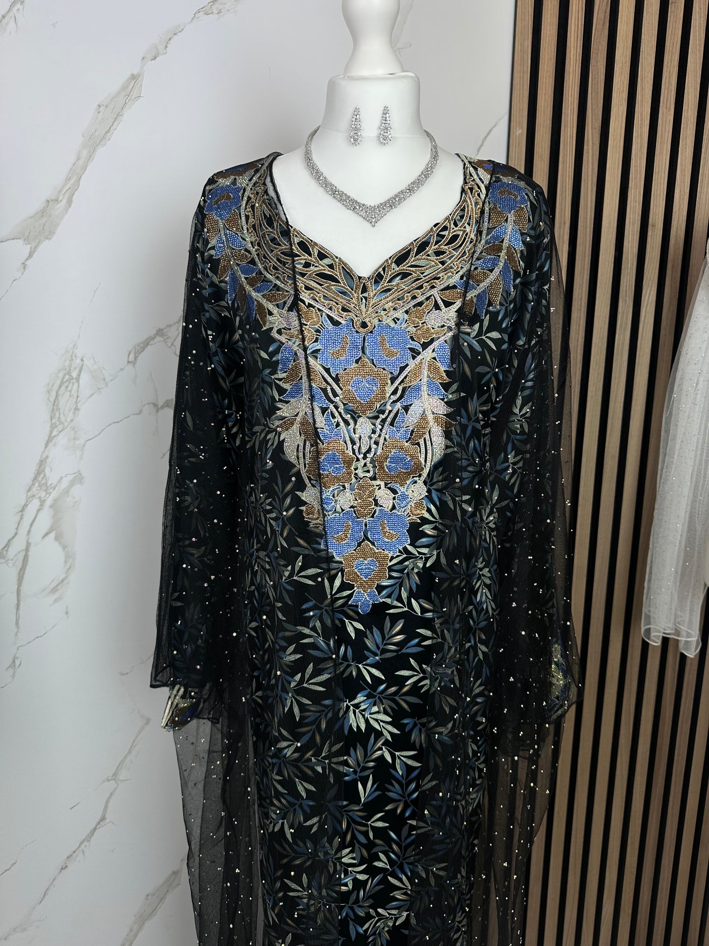 Black and blue mkhawar with black chiffon abaya