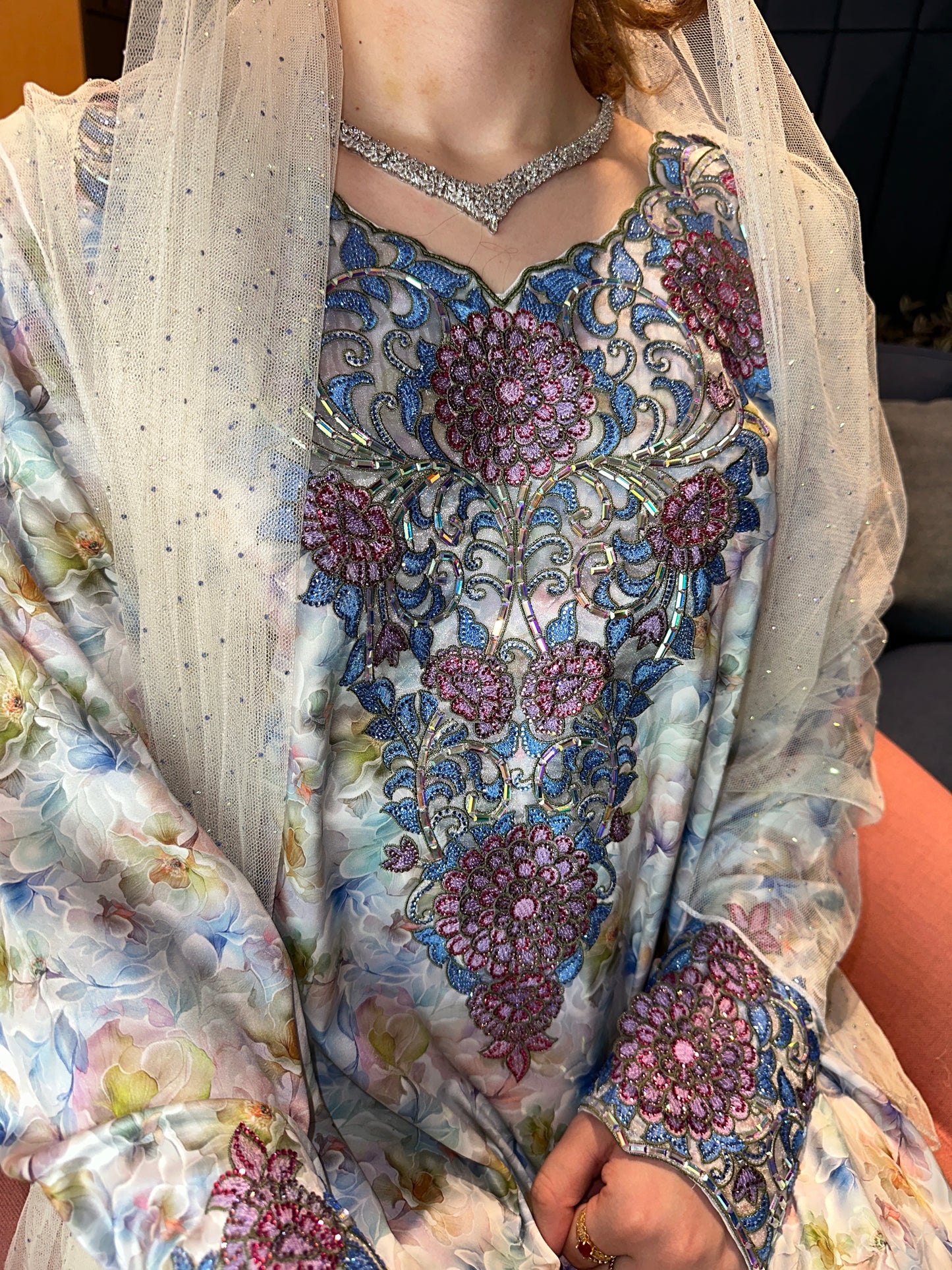 Floral blue silk mkhwar with corset and chiffon Sheila