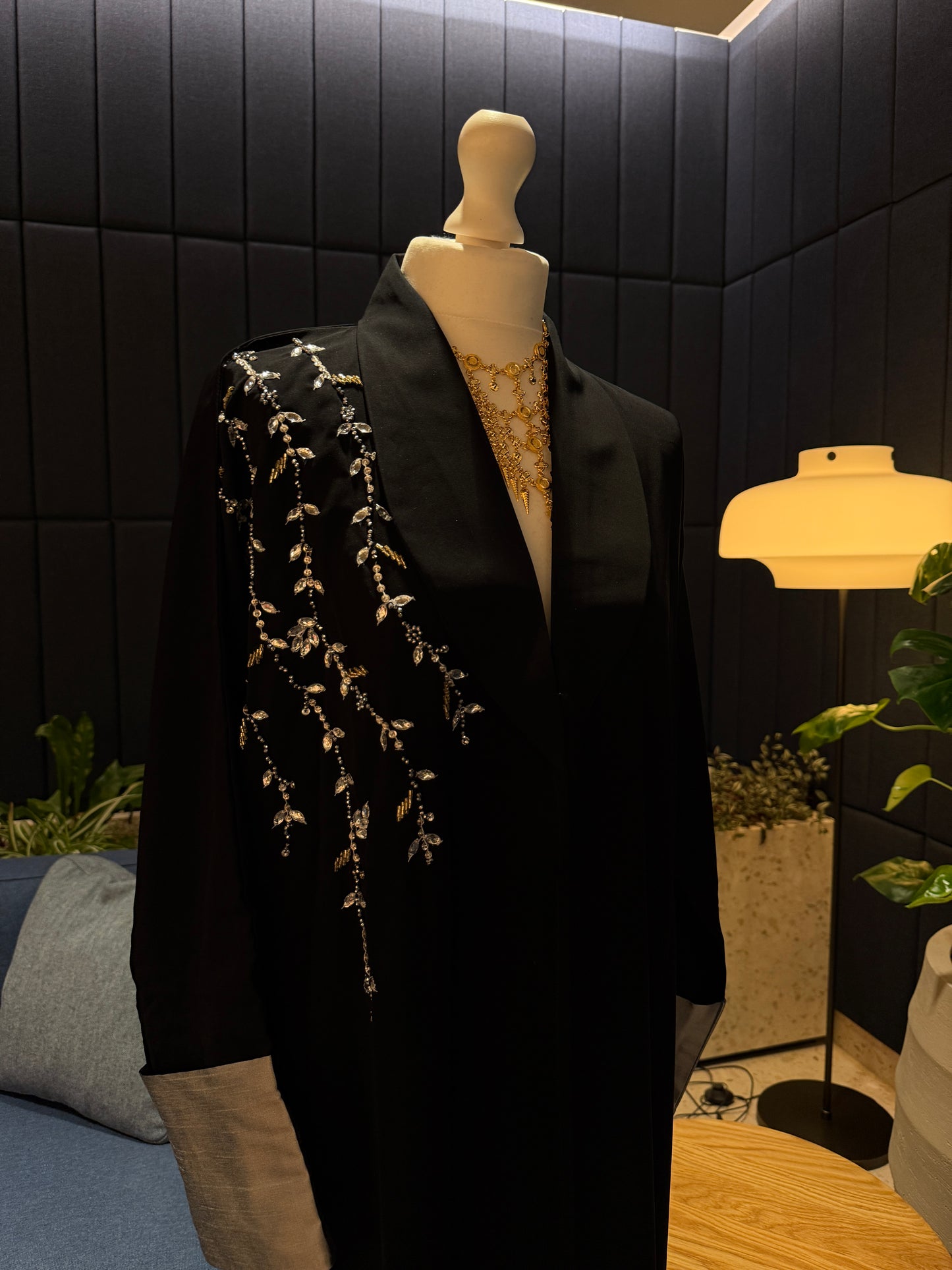 Black and silver simple abaya, handmade work details with hijab included