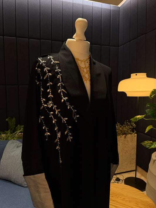 Black and silver simple abaya, handmade work details with hijab included