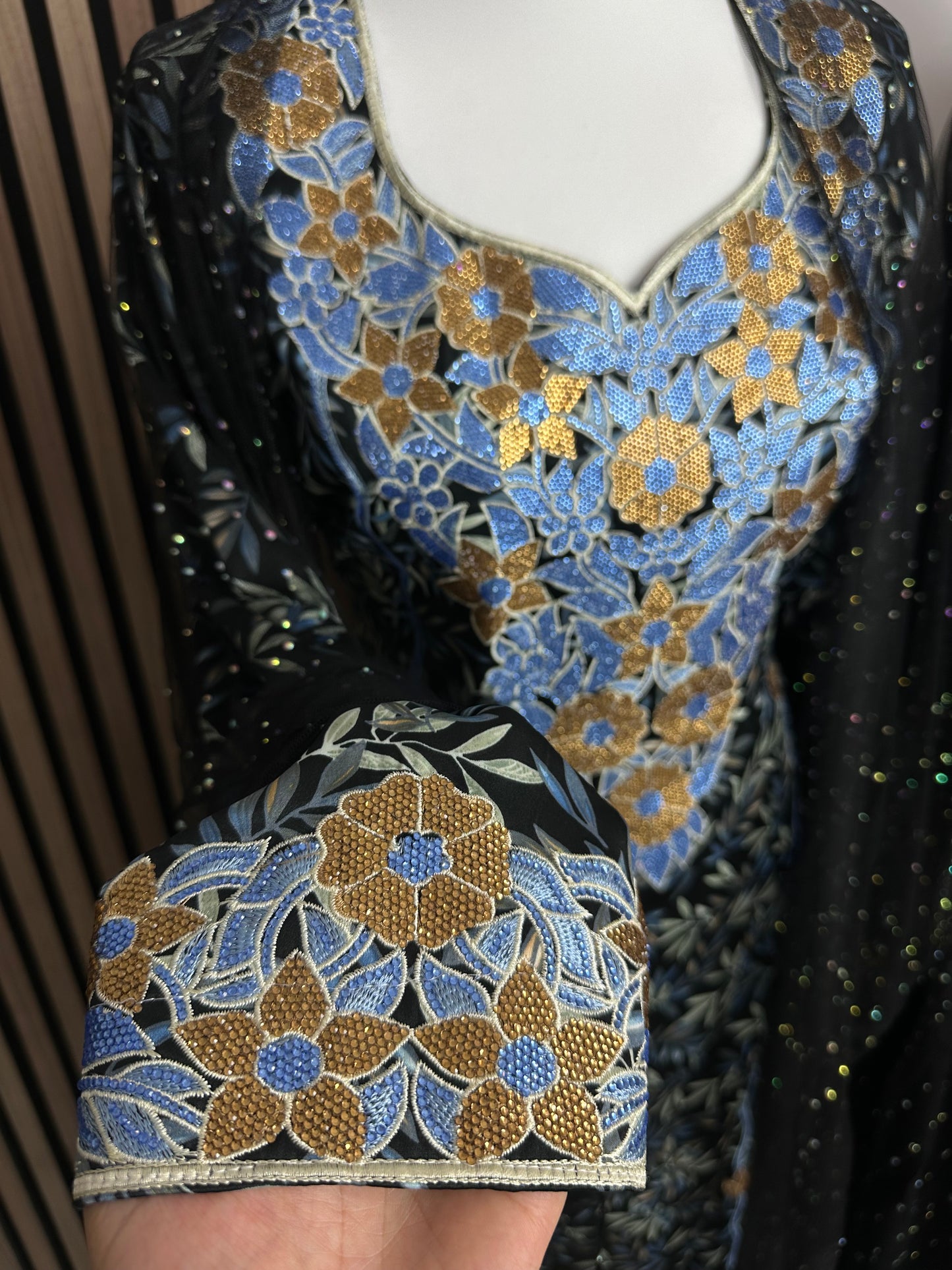 Black and blue mkhawar with black chiffon abaya