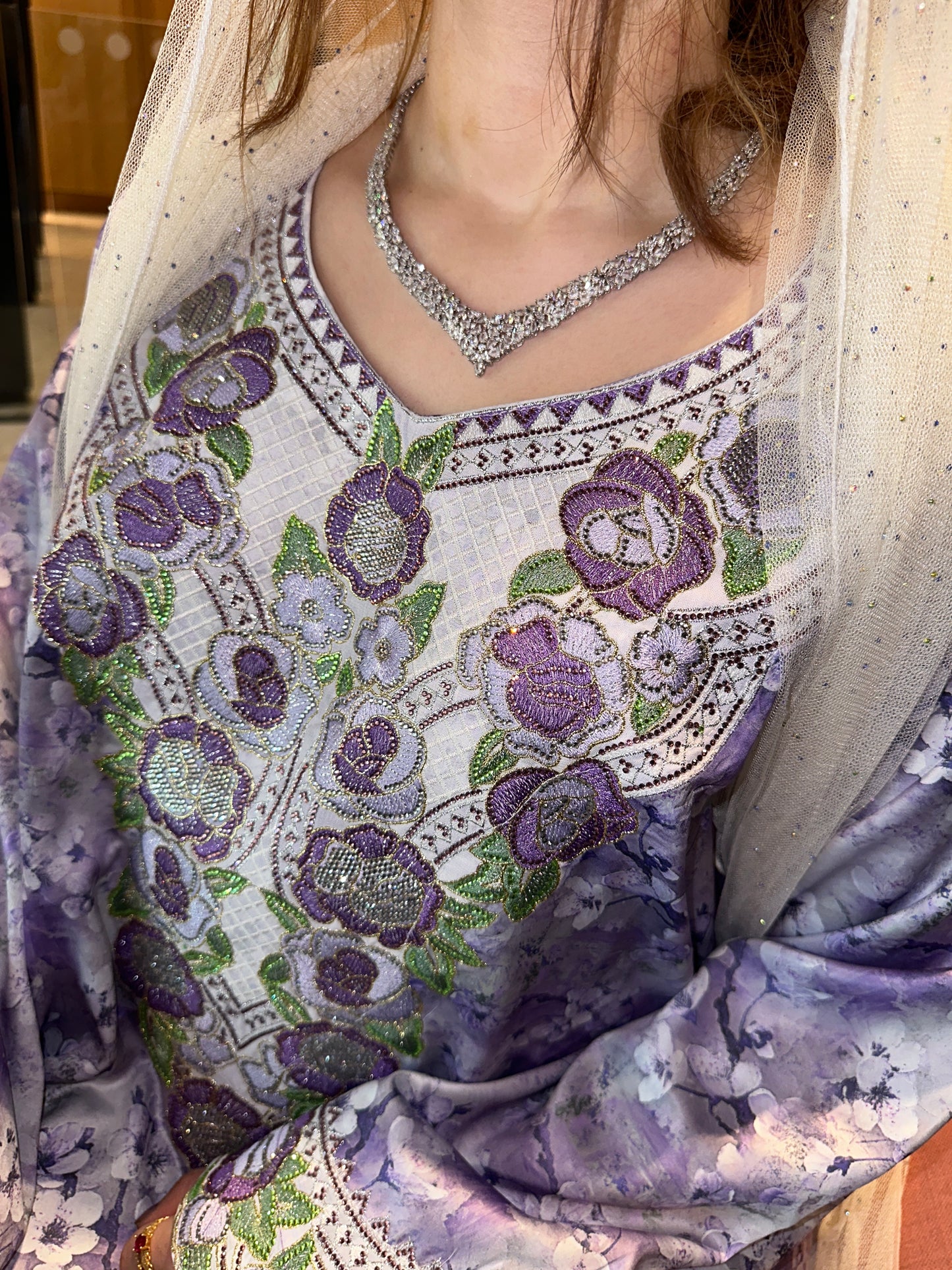 Purple mkhawar with chiffon Shiela