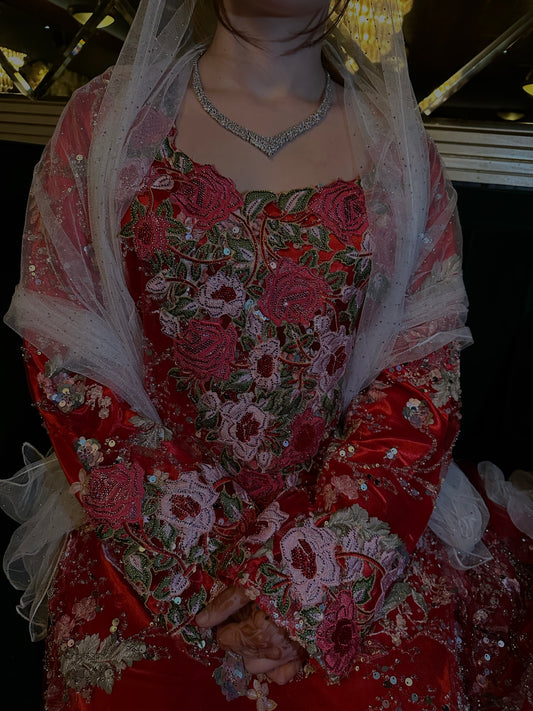 Red, fully handmade work mkhawar with inner