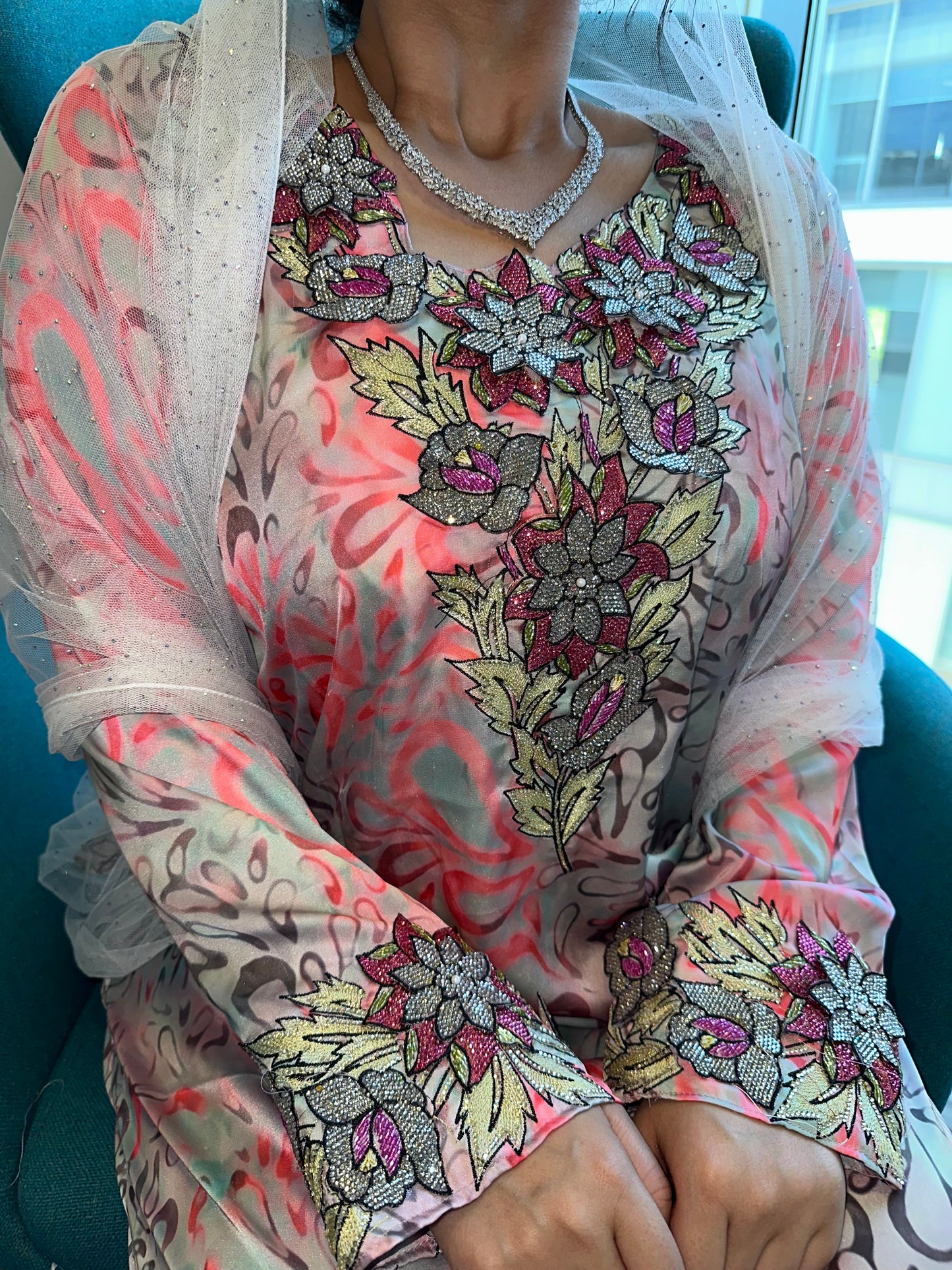 Pink and grey pure silk 3D mkhawar