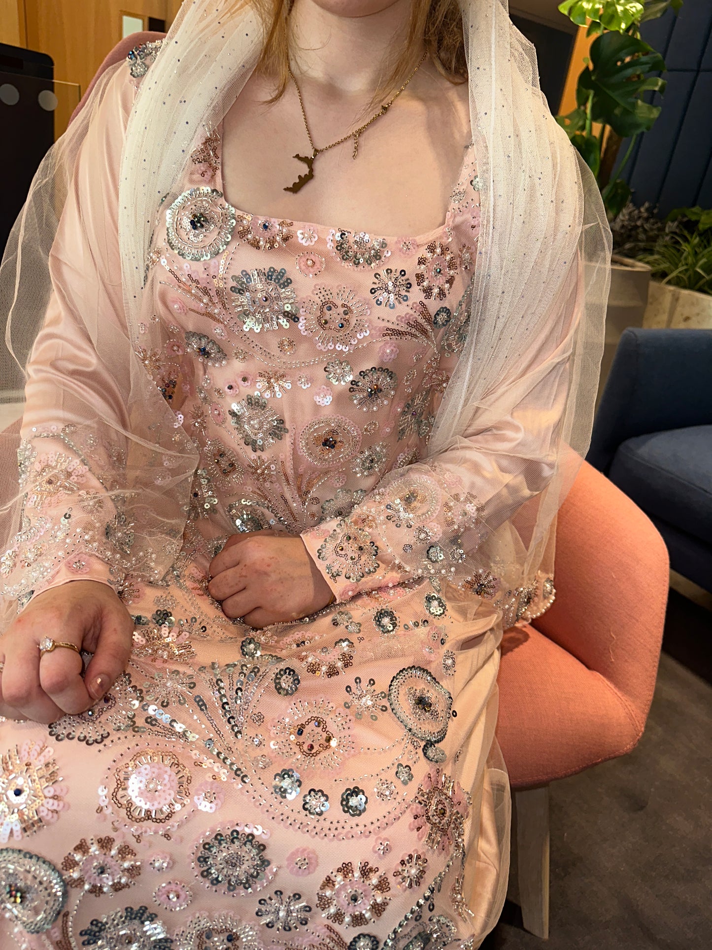 Pink, black and green Emirates Thobe with chiffon Sheila