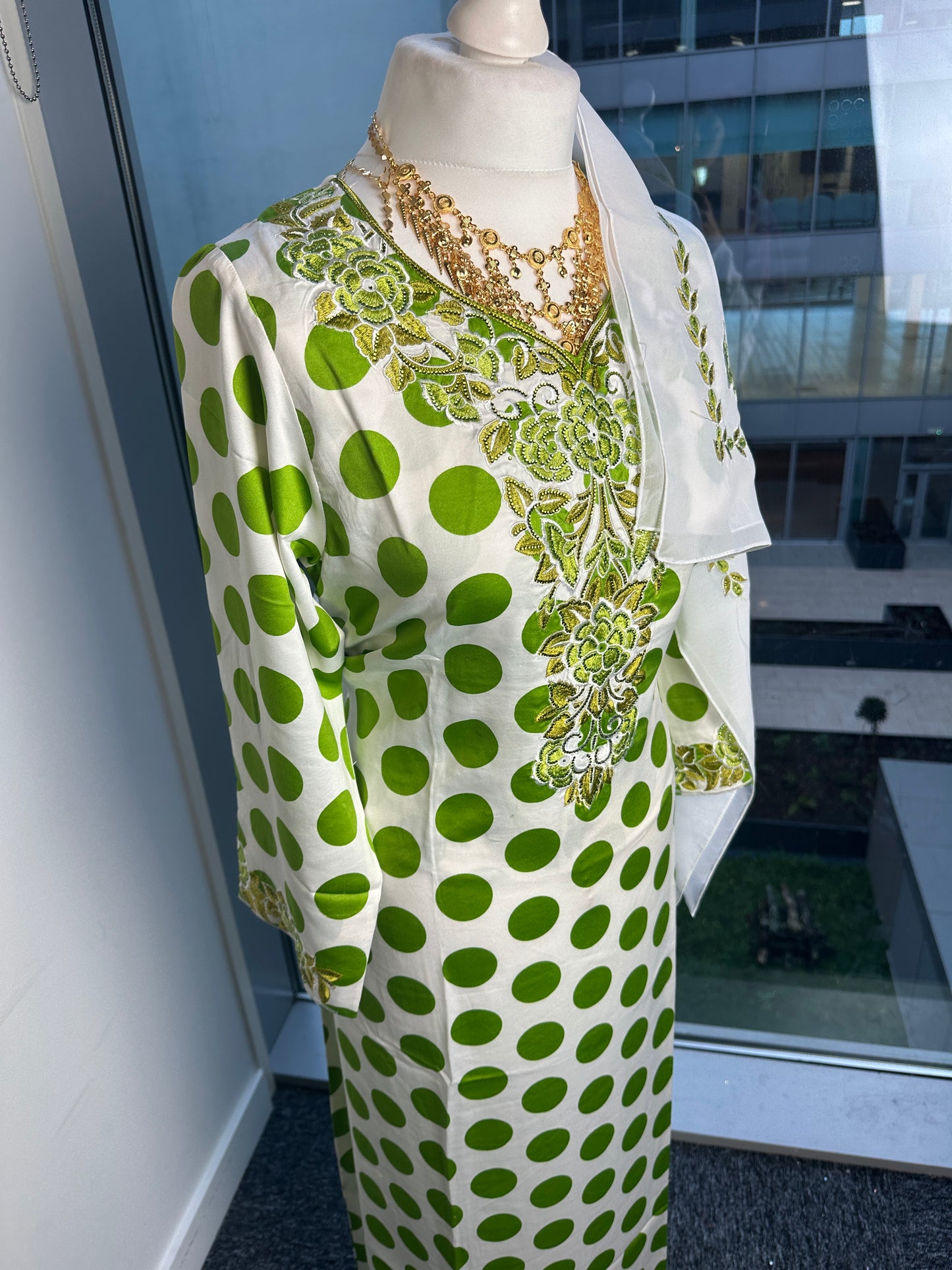 Green polka dot Mukhawar with matching Sheila