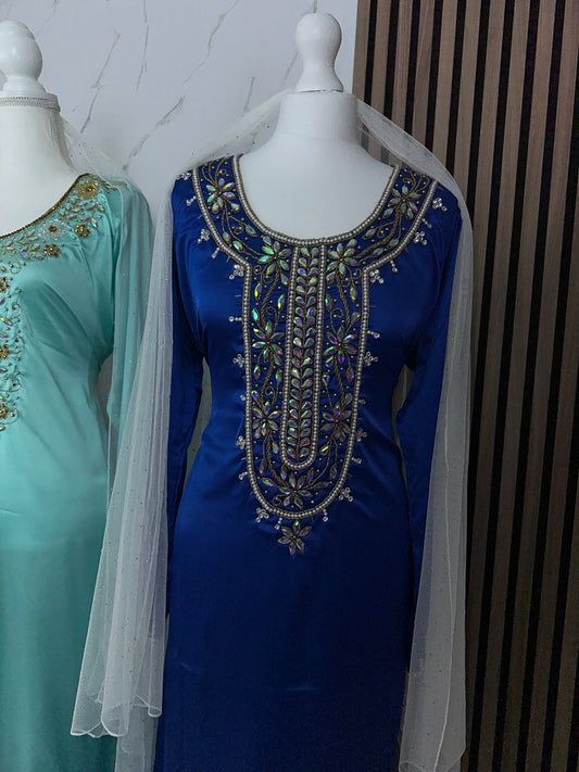 Blue mukhawar handmade work pure silk with creamy chiffon Sheila including