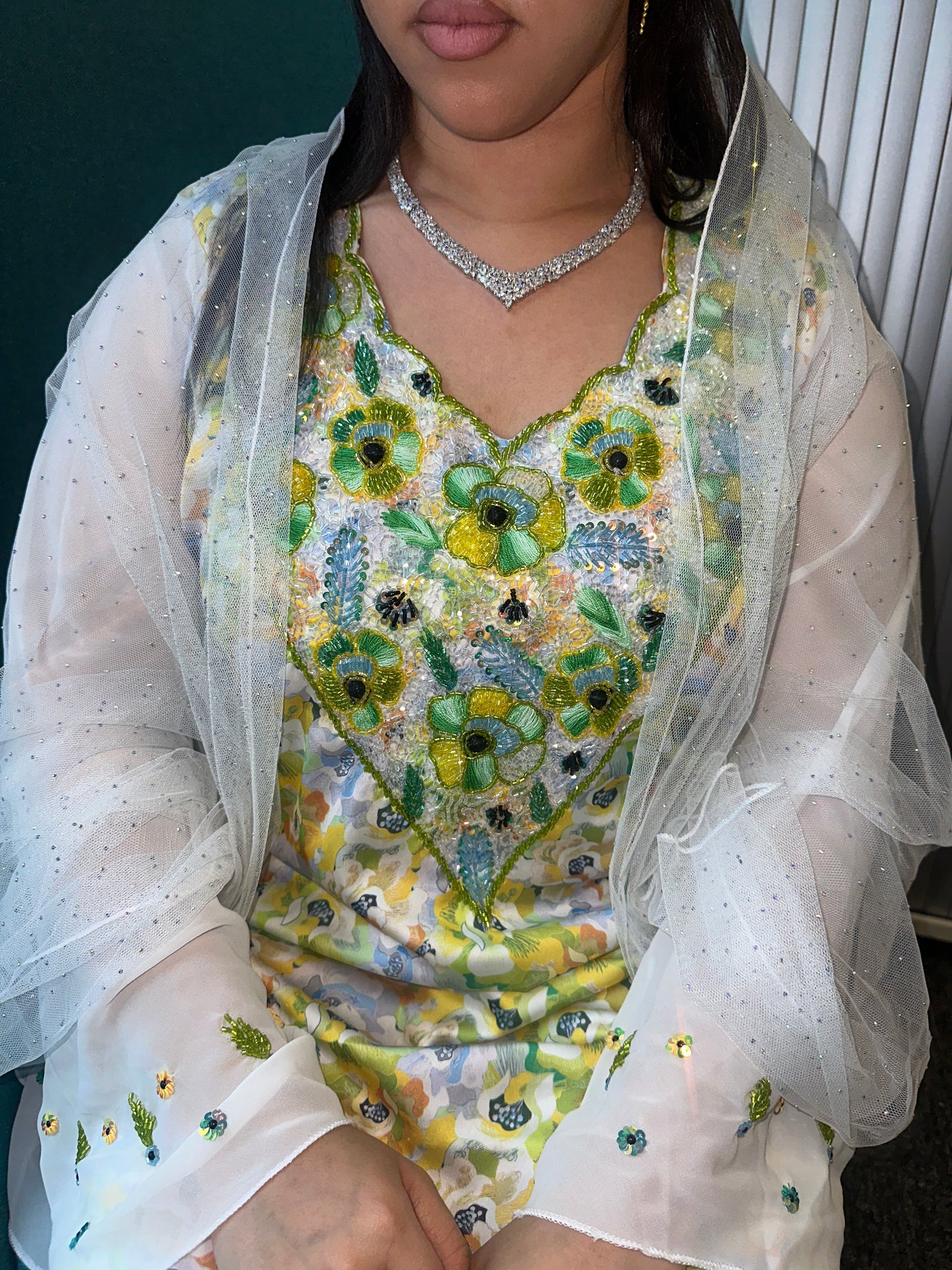 Green and white beaded mkhawar pure silk with butterfly sleeves pure silk and corset on both sides
