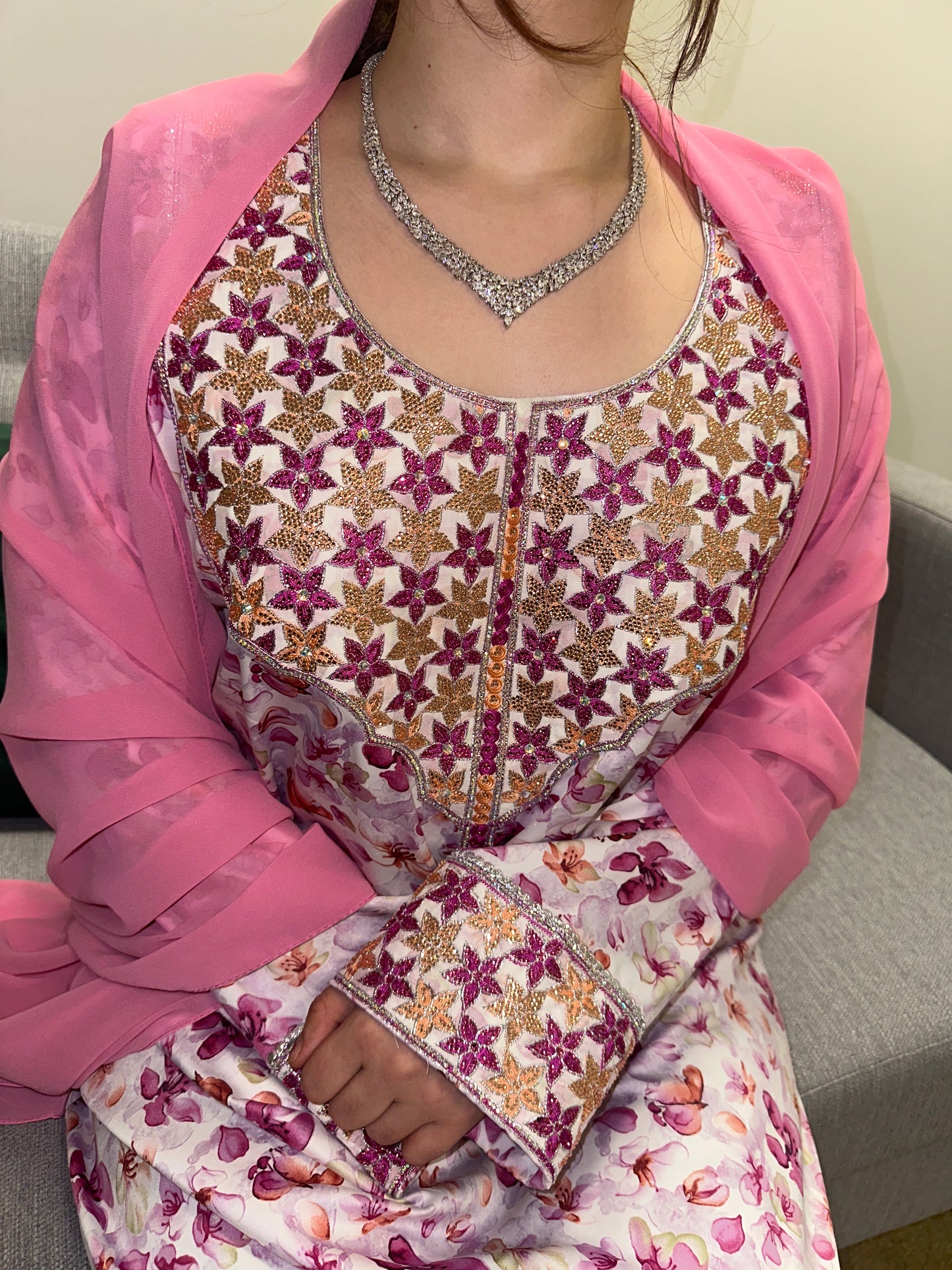 Pink Indonesian silk mkhawar with Shiela