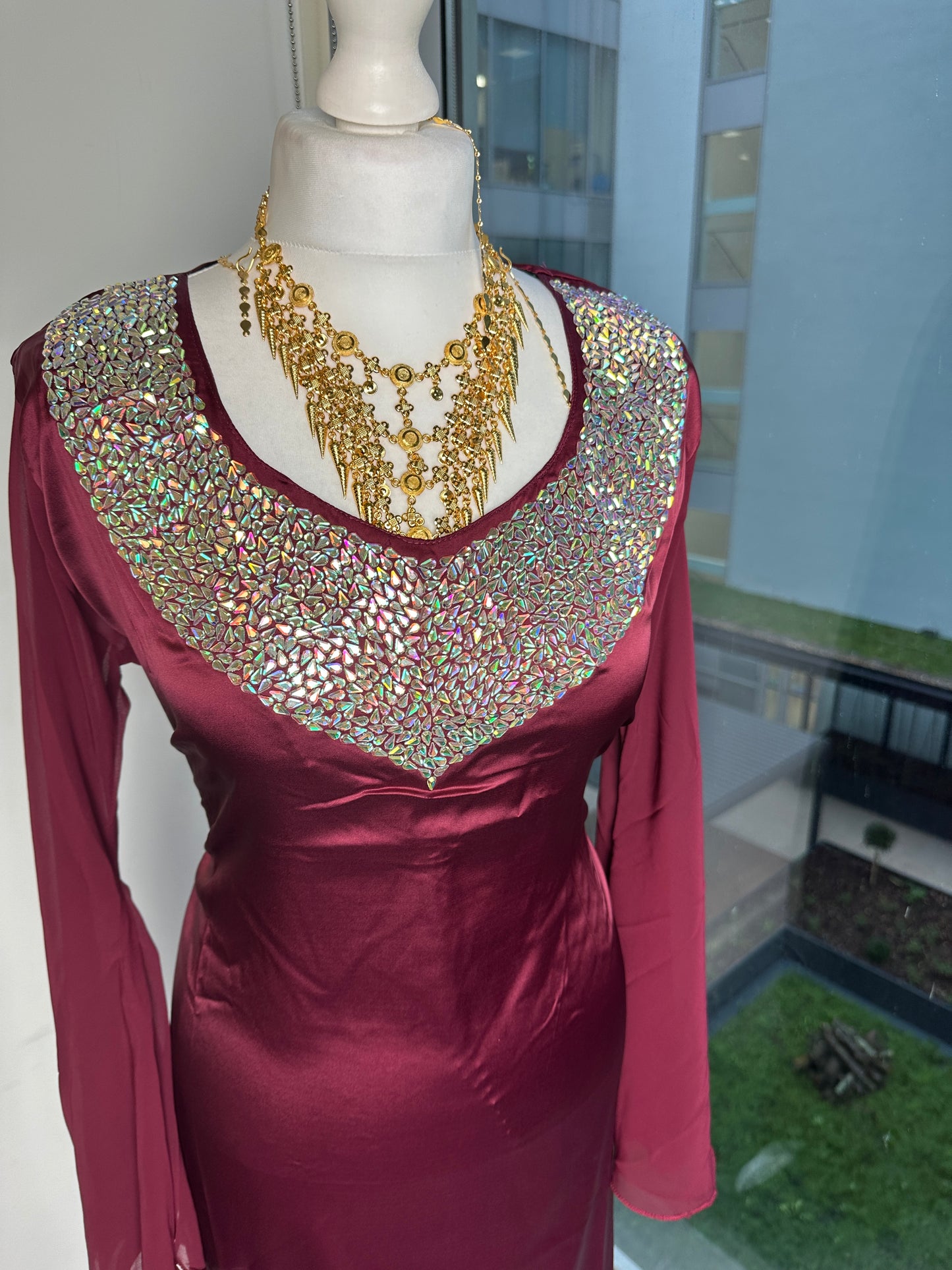 Ruby red low cut silk dress with chiffon sleeves with pockets