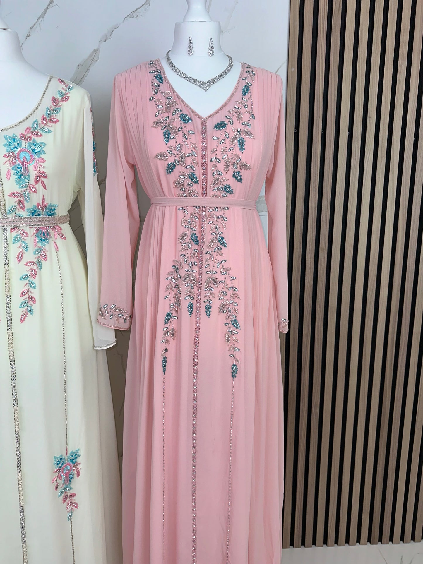 Pink double chiffon caftan dress fully handmade work