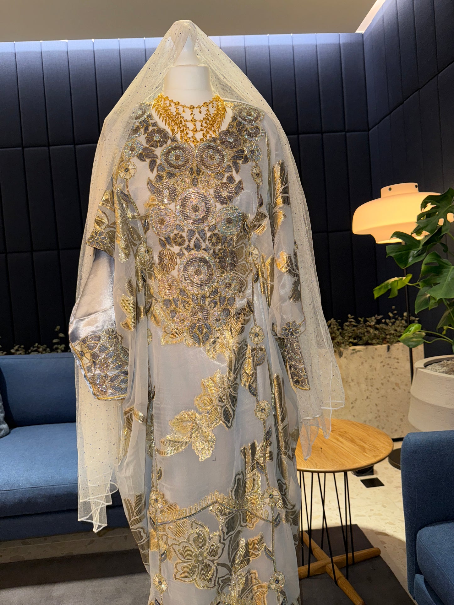 Grey/ blue sky Emirates Thobe with two pieces and belt inside