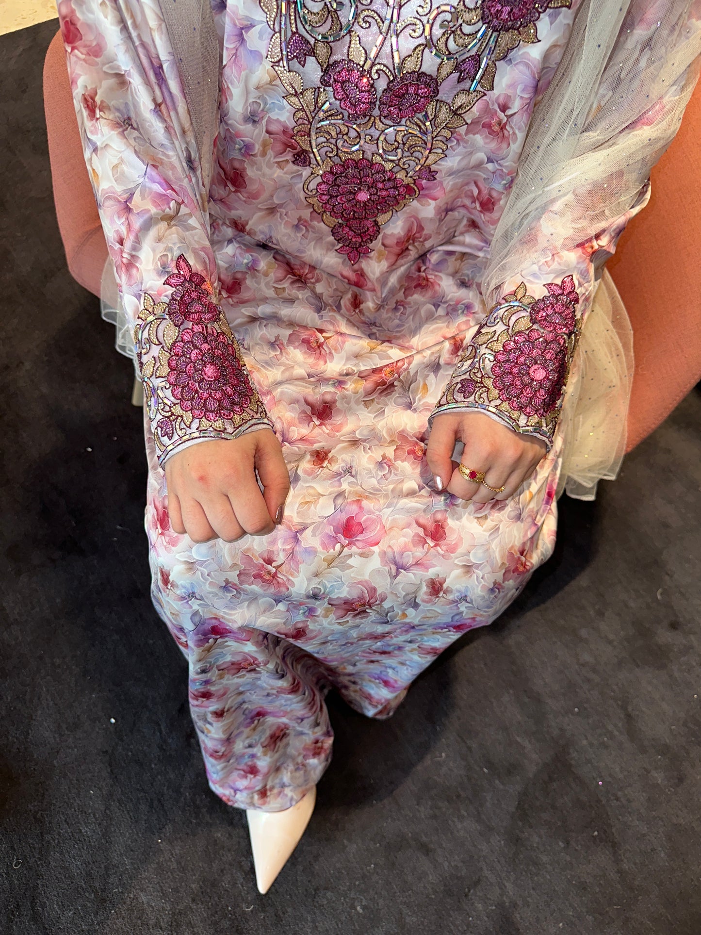 Pink floral silk mkhwar with corset and chiffon Sheila