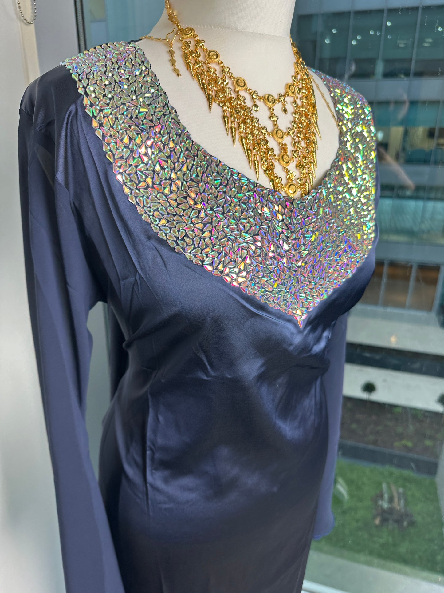 Navy blue low cut silk dress with chiffon sleeves with pockets