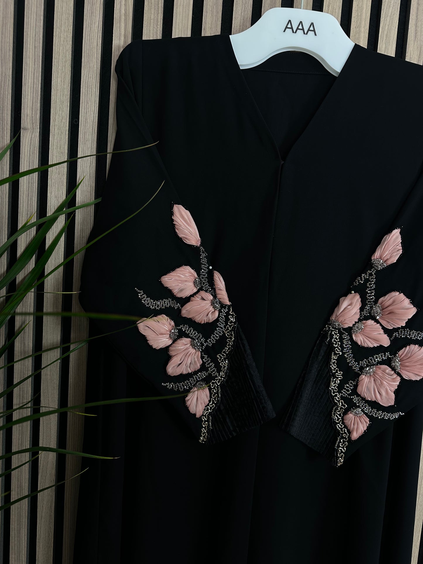 Black abaya with matching Shiela with handmade work on the sleeves