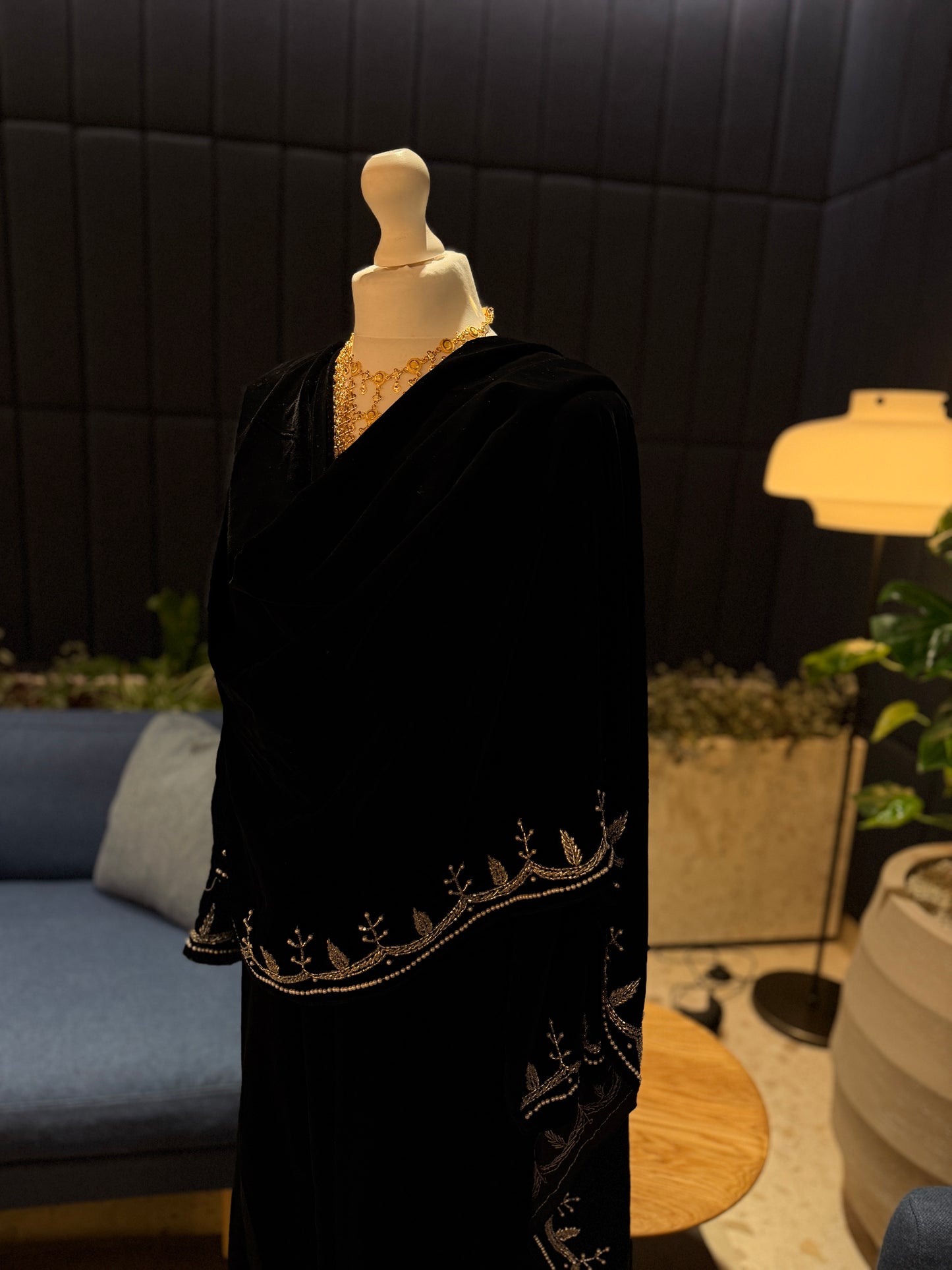 Black Velvet abaya with attached scarf, handmade work
