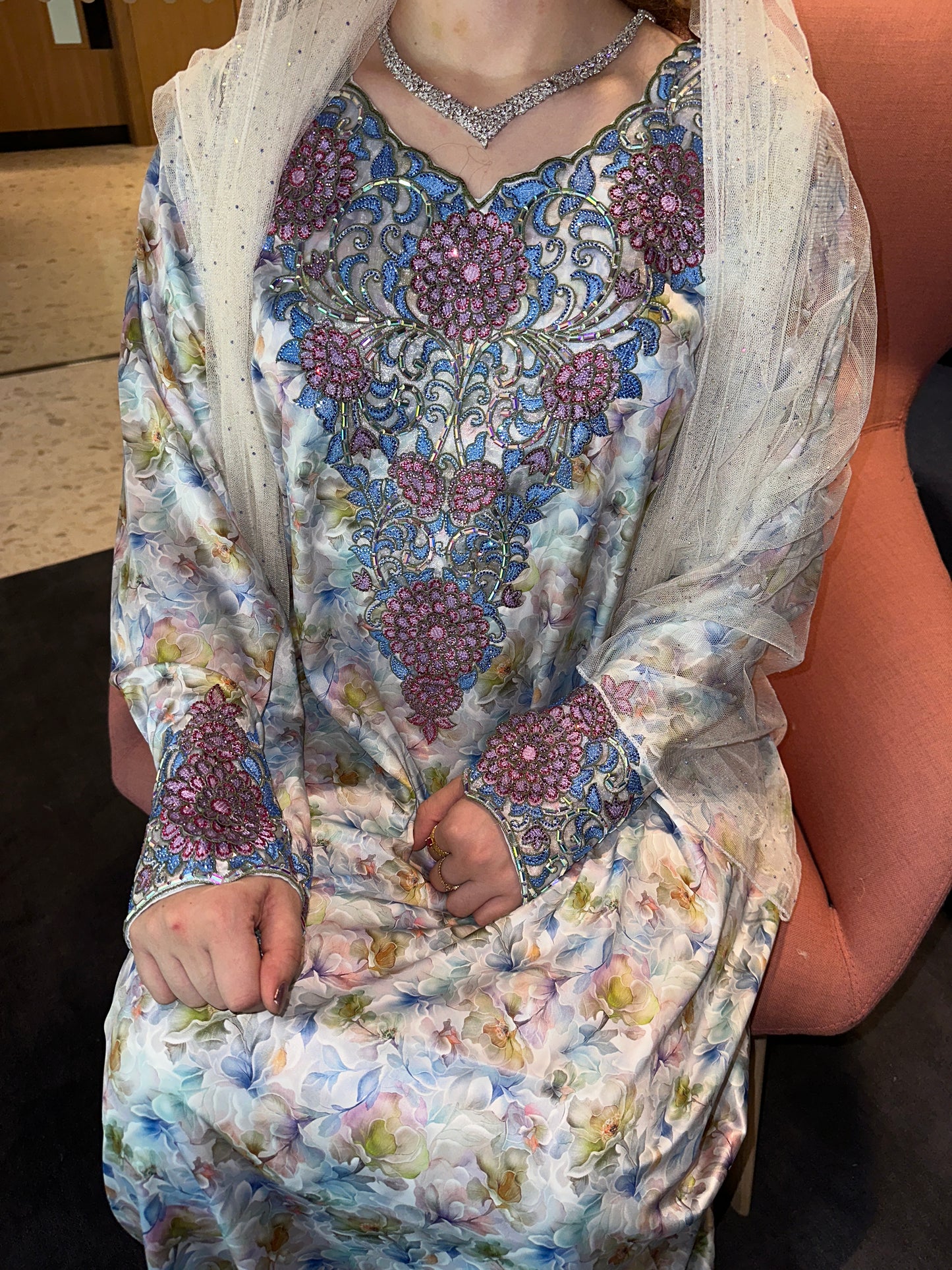 Floral blue silk mkhwar with corset and chiffon Sheila