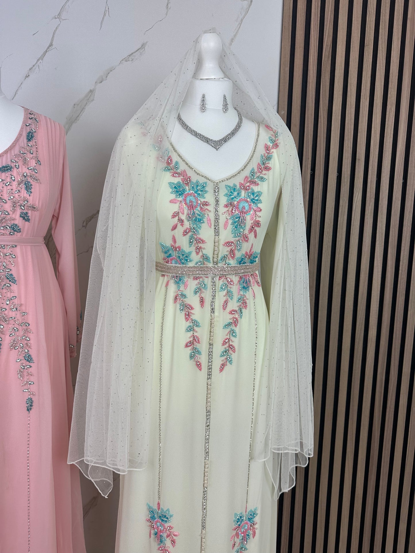 Creamy caftan dress with creamy Sheila fully handmade work