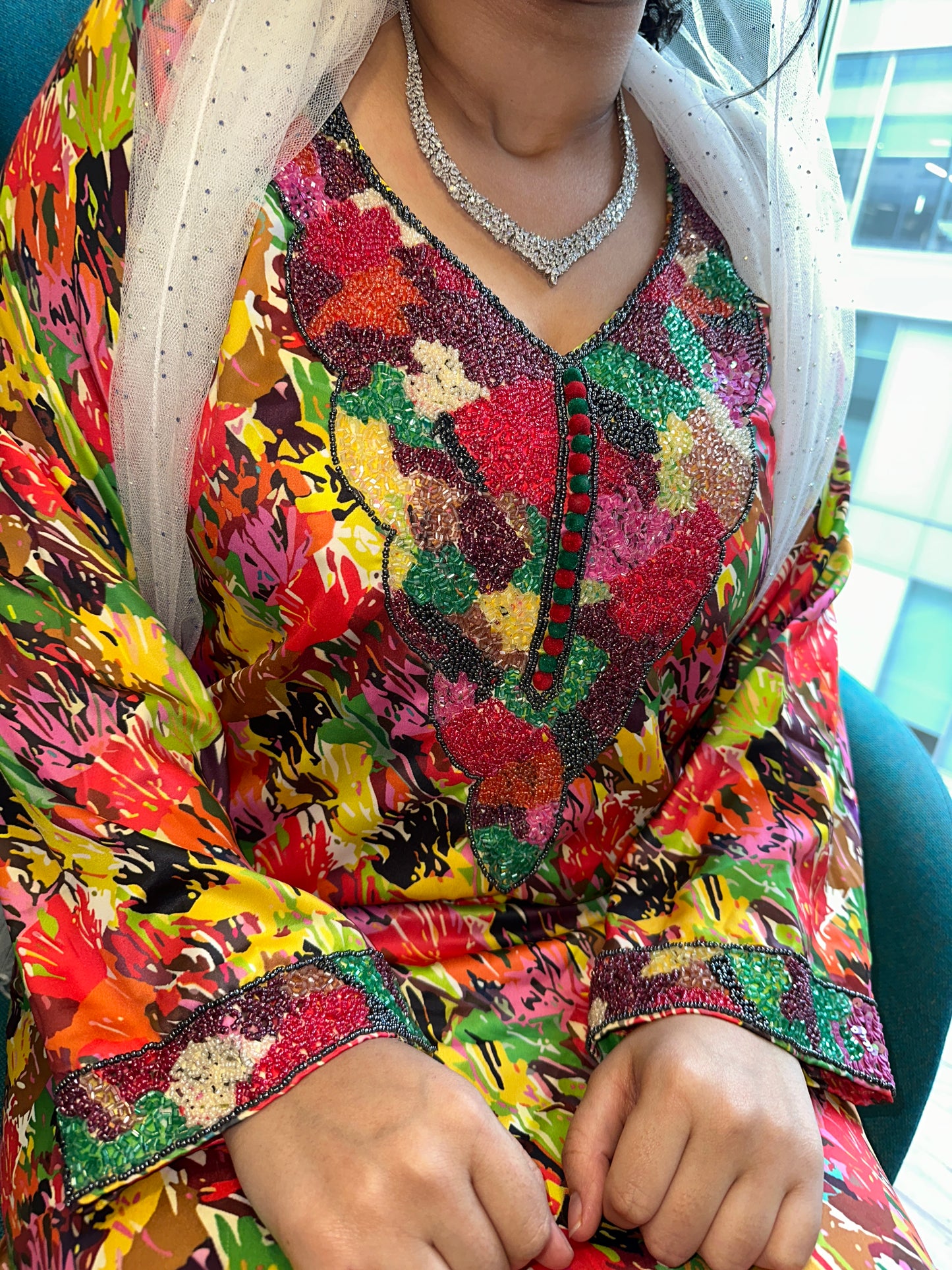 Red and yellow beaded mkhawar with corset