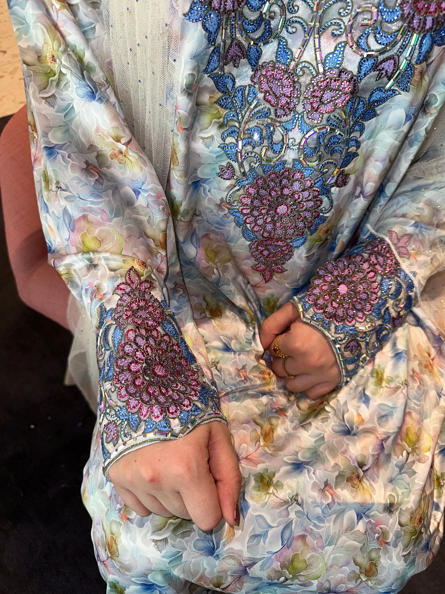 Floral blue silk mkhwar with corset and chiffon Sheila