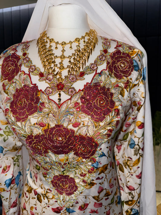 Red and white mukhawar with hijab