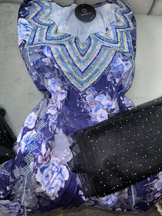 Purple, creamy and green pure silk mkhawars with corset and chiffon Sheila