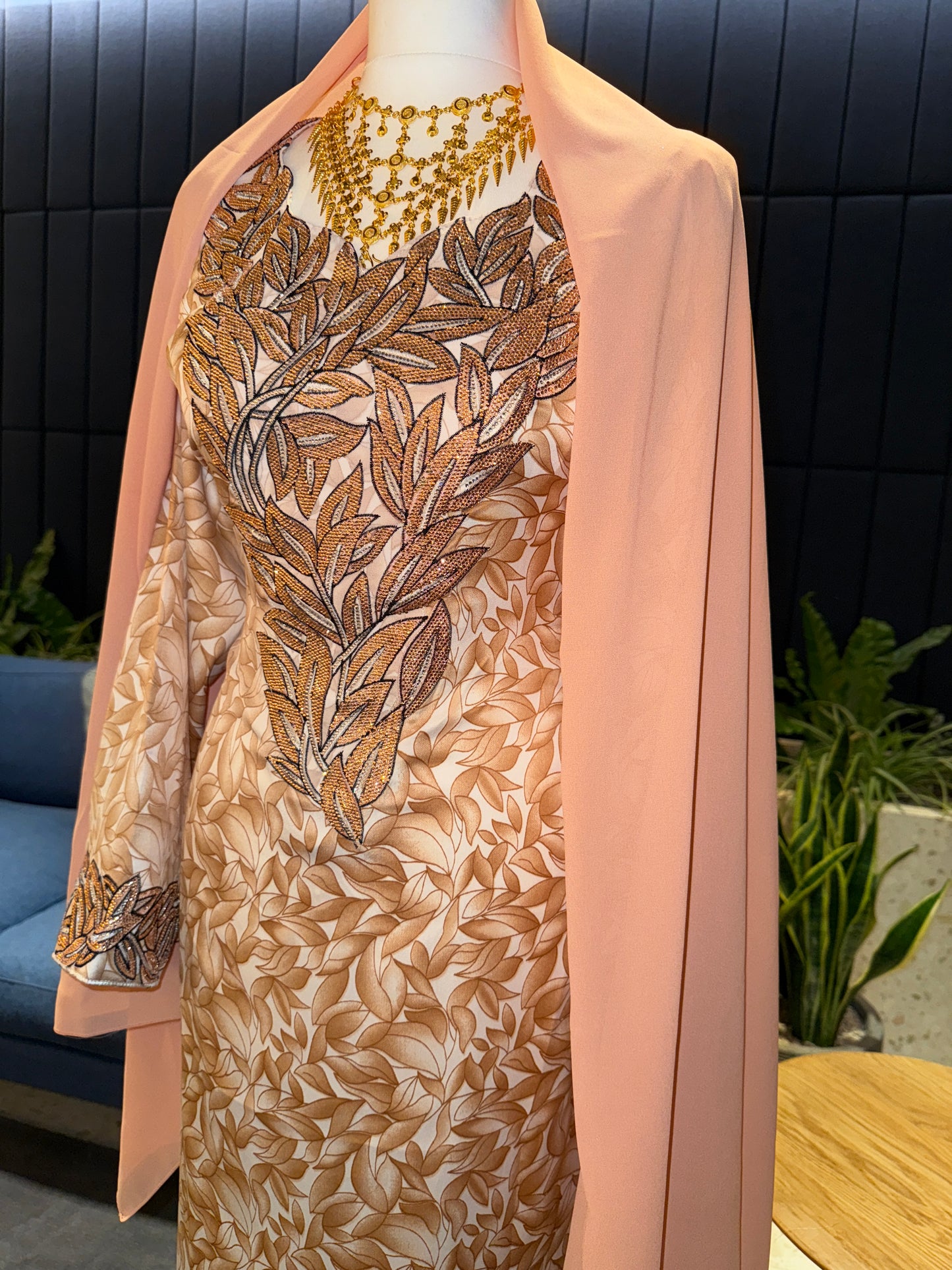 Peach mukhawar with hijab and corset back