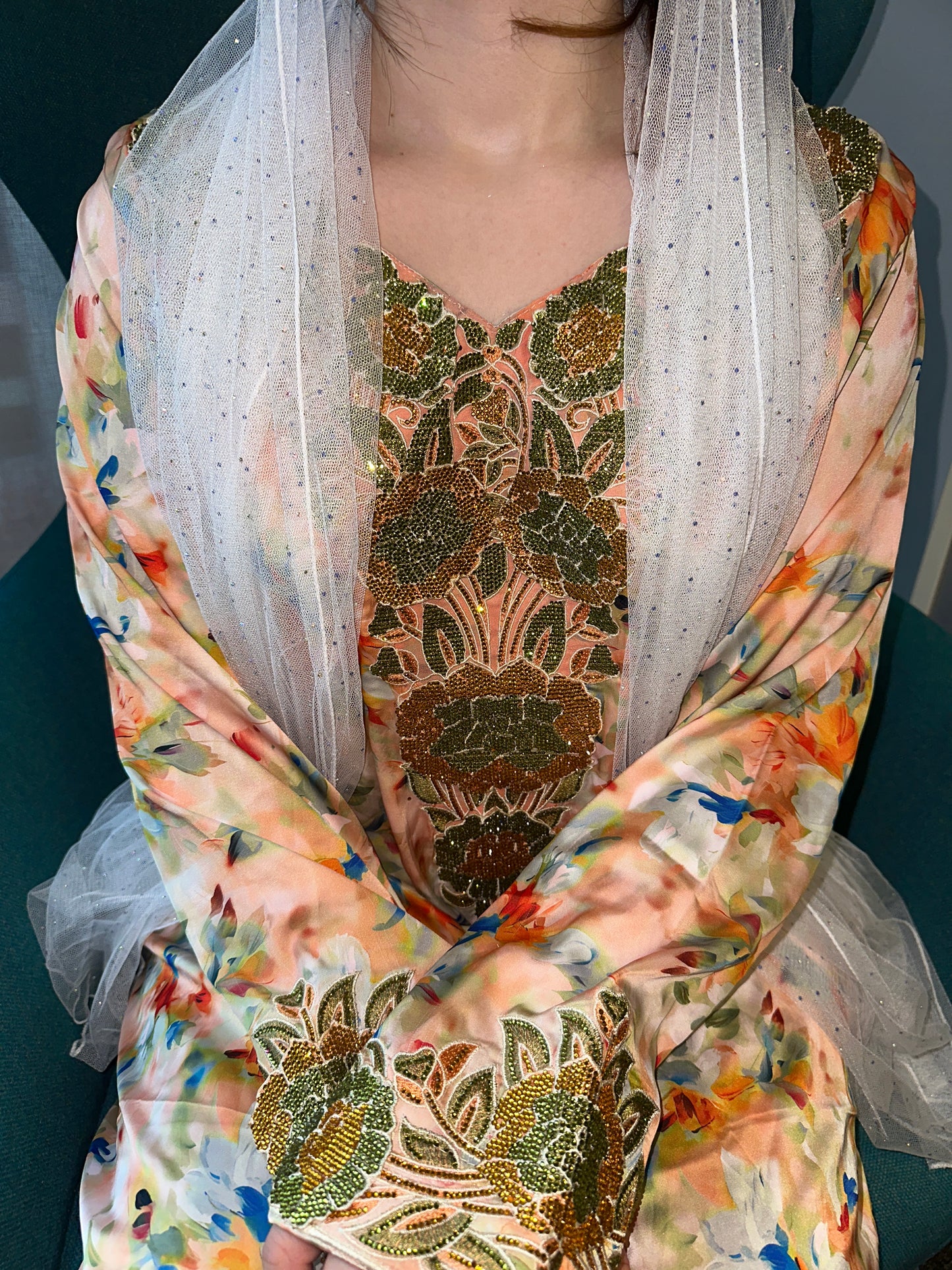 Green and orange mkhawar pure silk