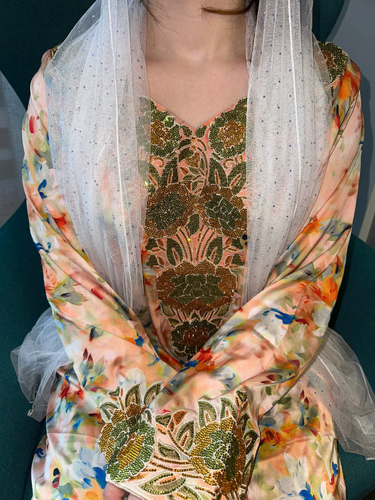 Green and orange mkhawar pure silk