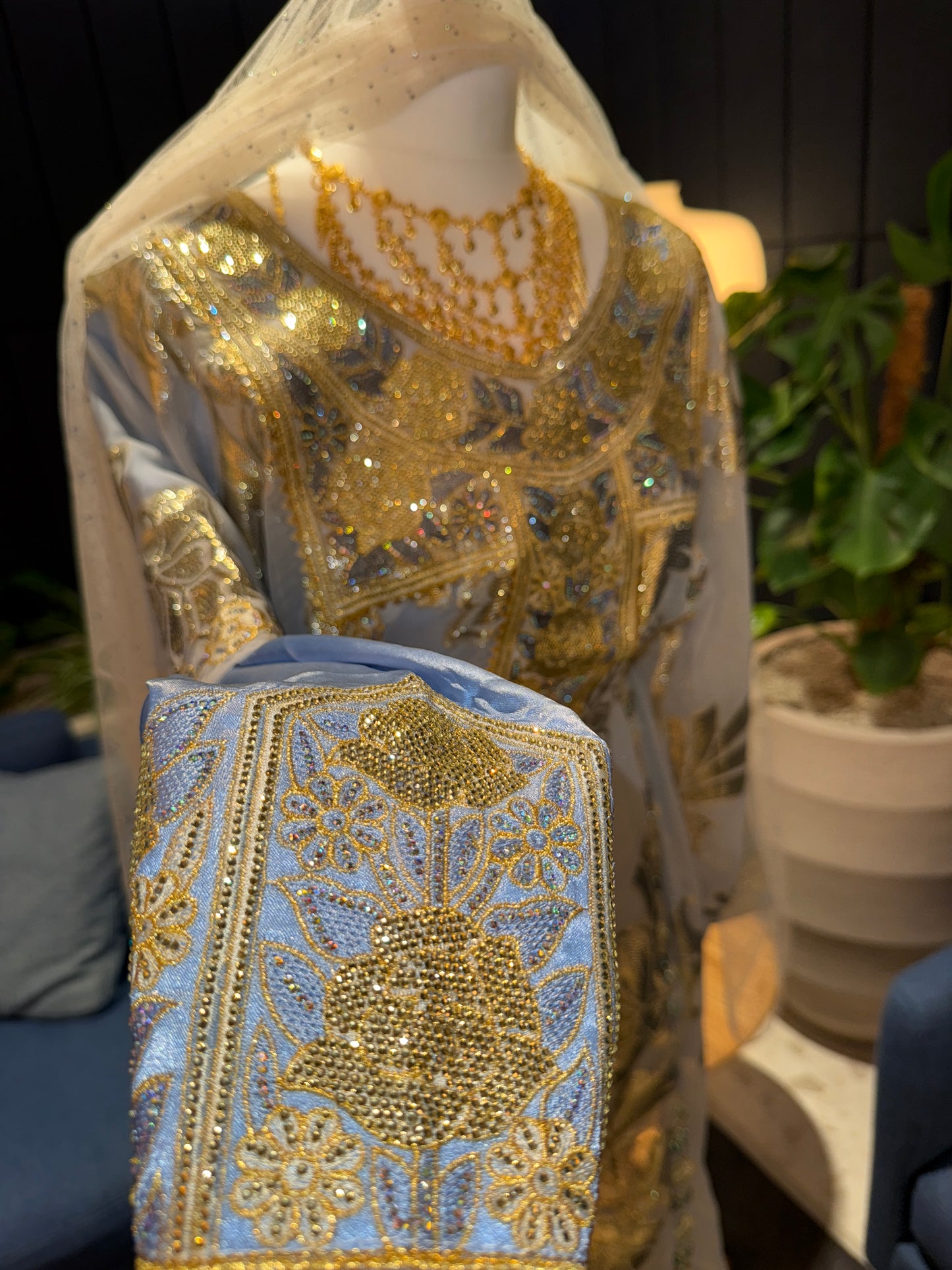 Grey/blue sky Emirati Thobe two pieces with belt inside