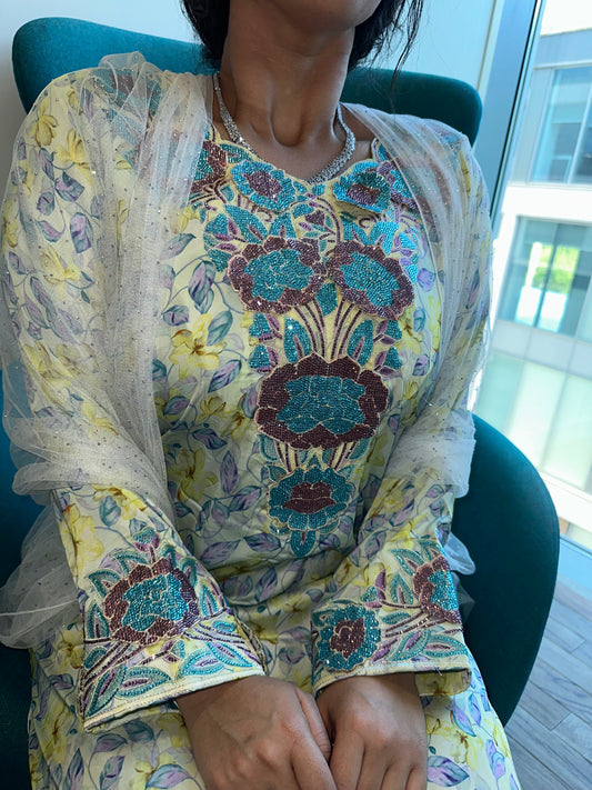 Floral turquoise pure silk mkhawar 3D