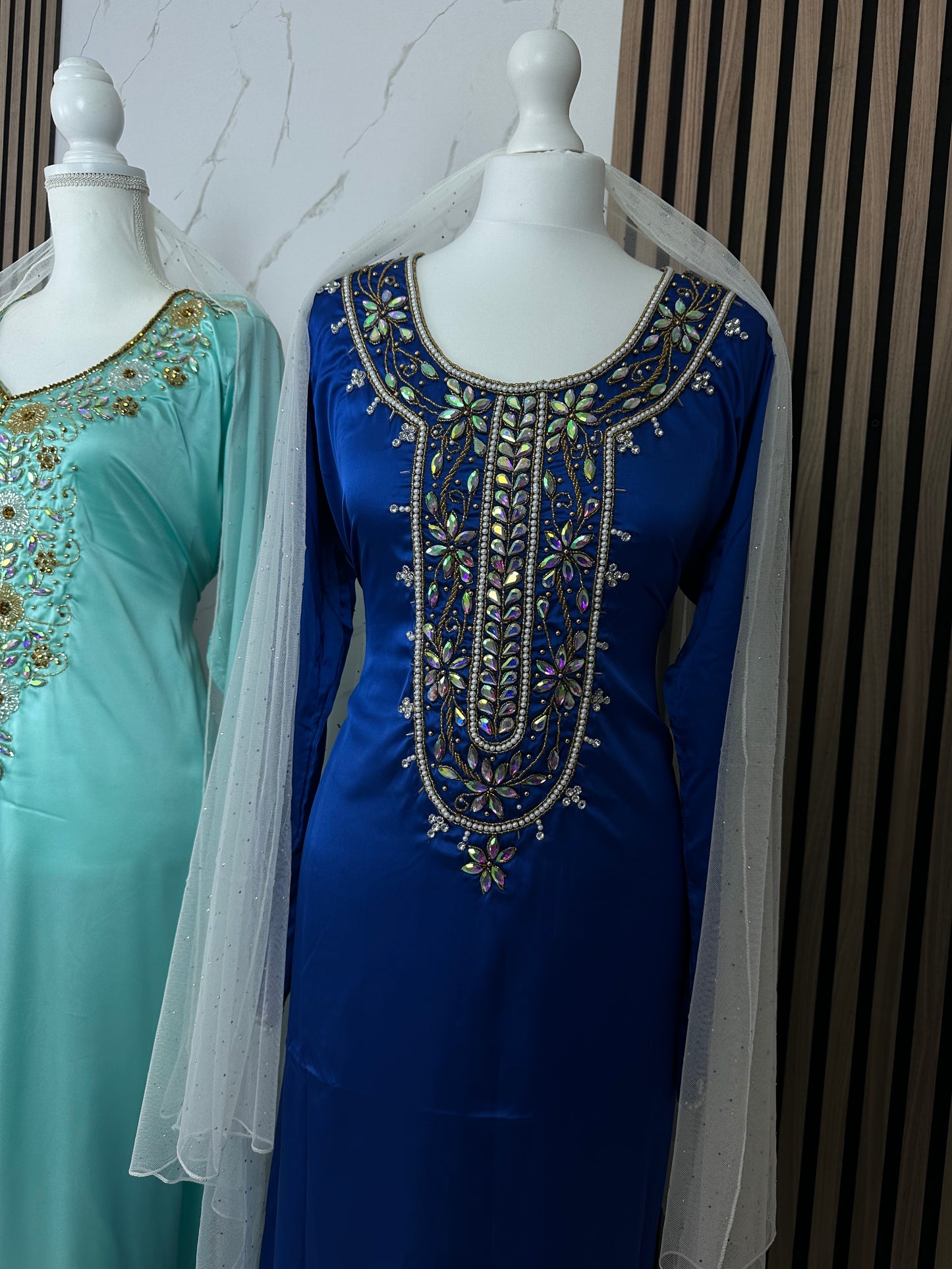 Blue mukhawar handmade work pure silk with creamy chiffon Sheila including