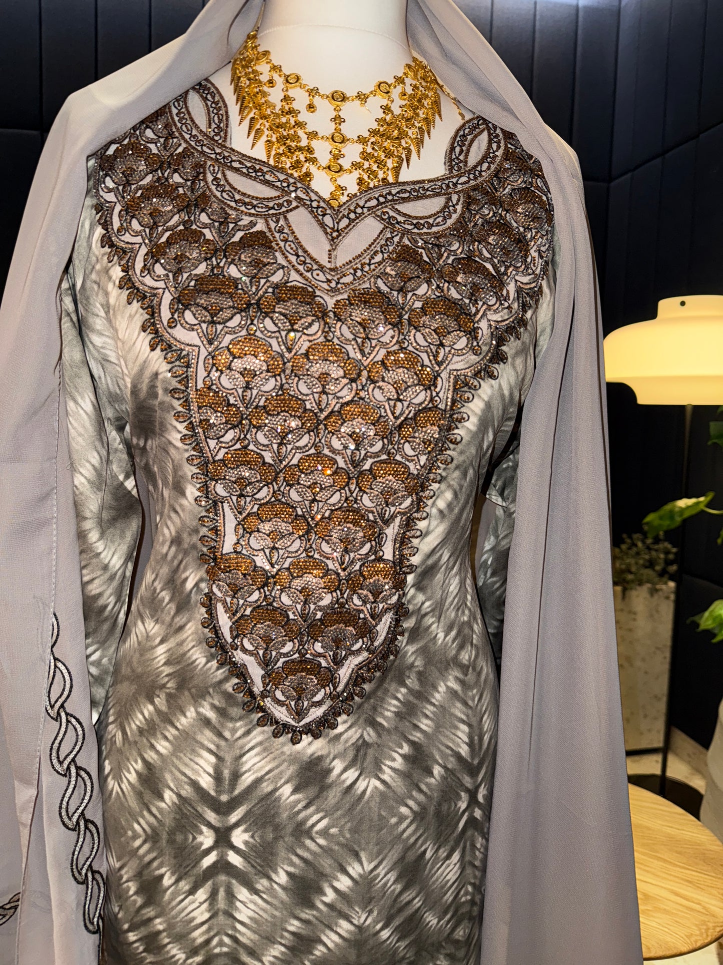 Grey mukhawar with matching Shiela and corset back