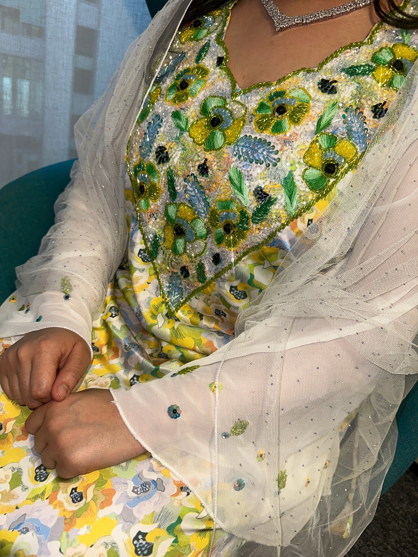 Green and white beaded mkhawar pure silk with butterfly sleeves pure silk and corset on both sides