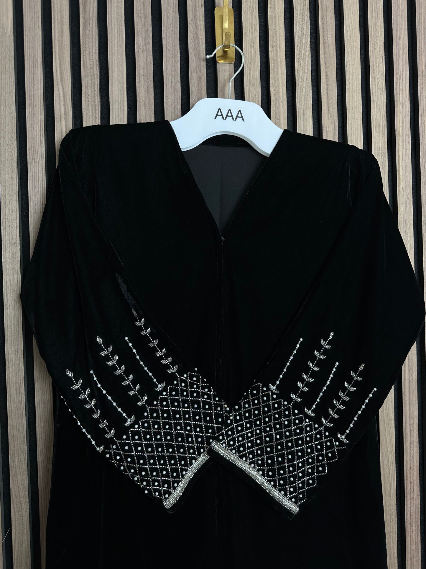 Velvet abaya with matching Shiela handmade work on the sleeves