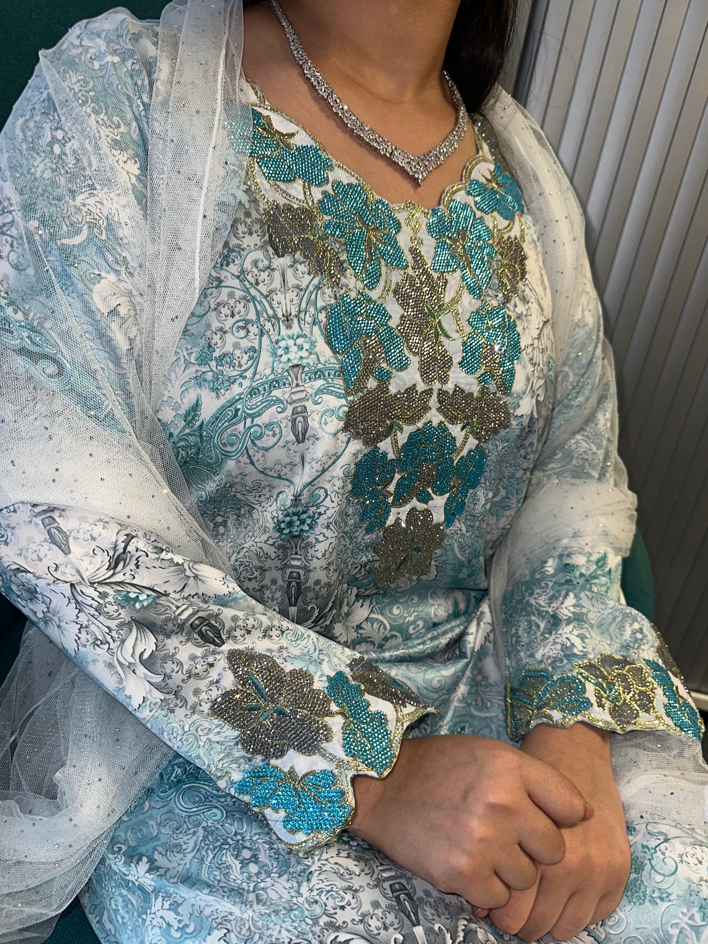 Olive green and blue mkhawar Indonesian silk