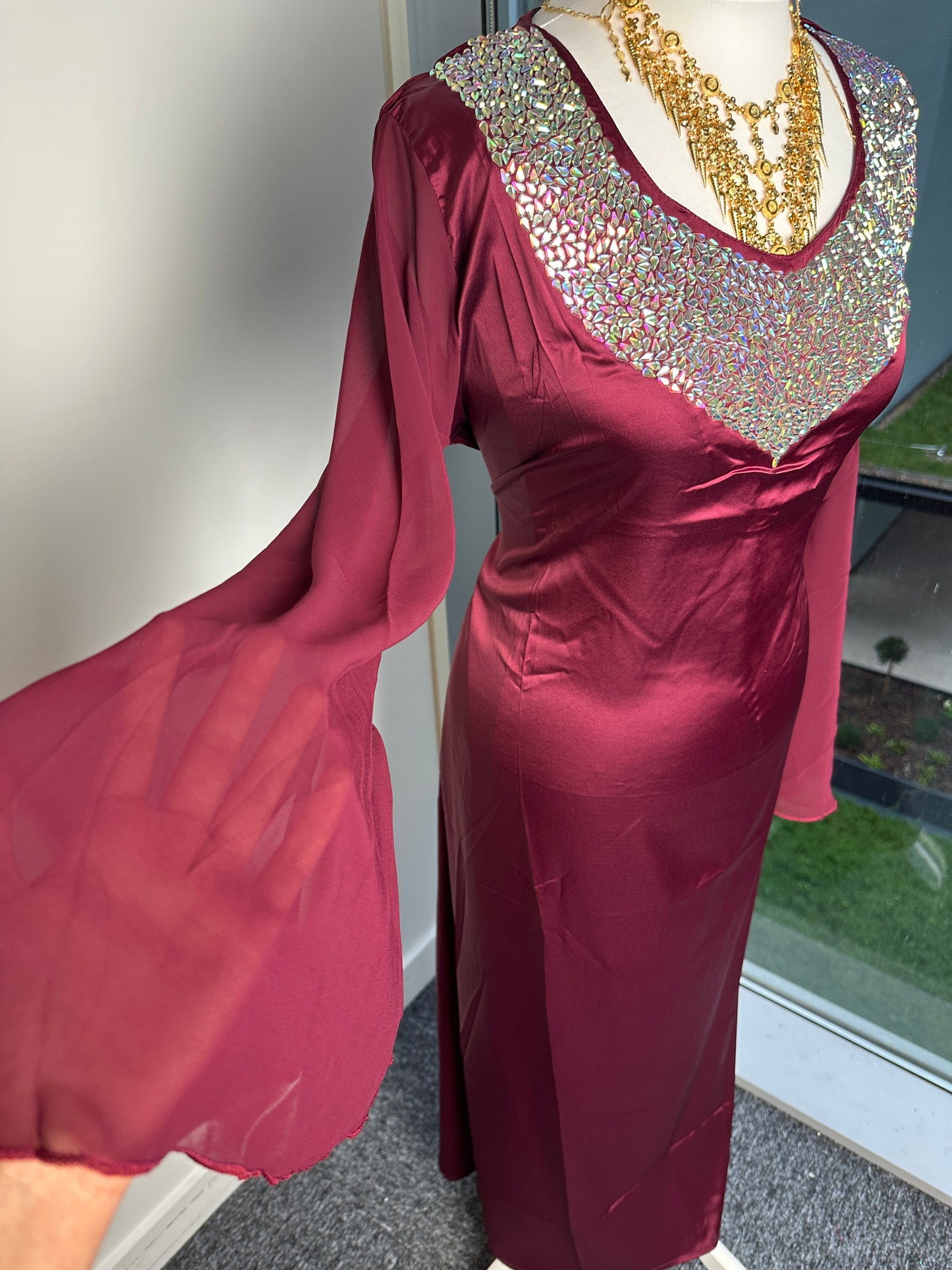 Ruby red low cut silk dress with chiffon sleeves with pockets