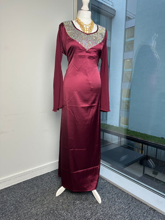 Ruby red low cut silk dress with chiffon sleeves with pockets