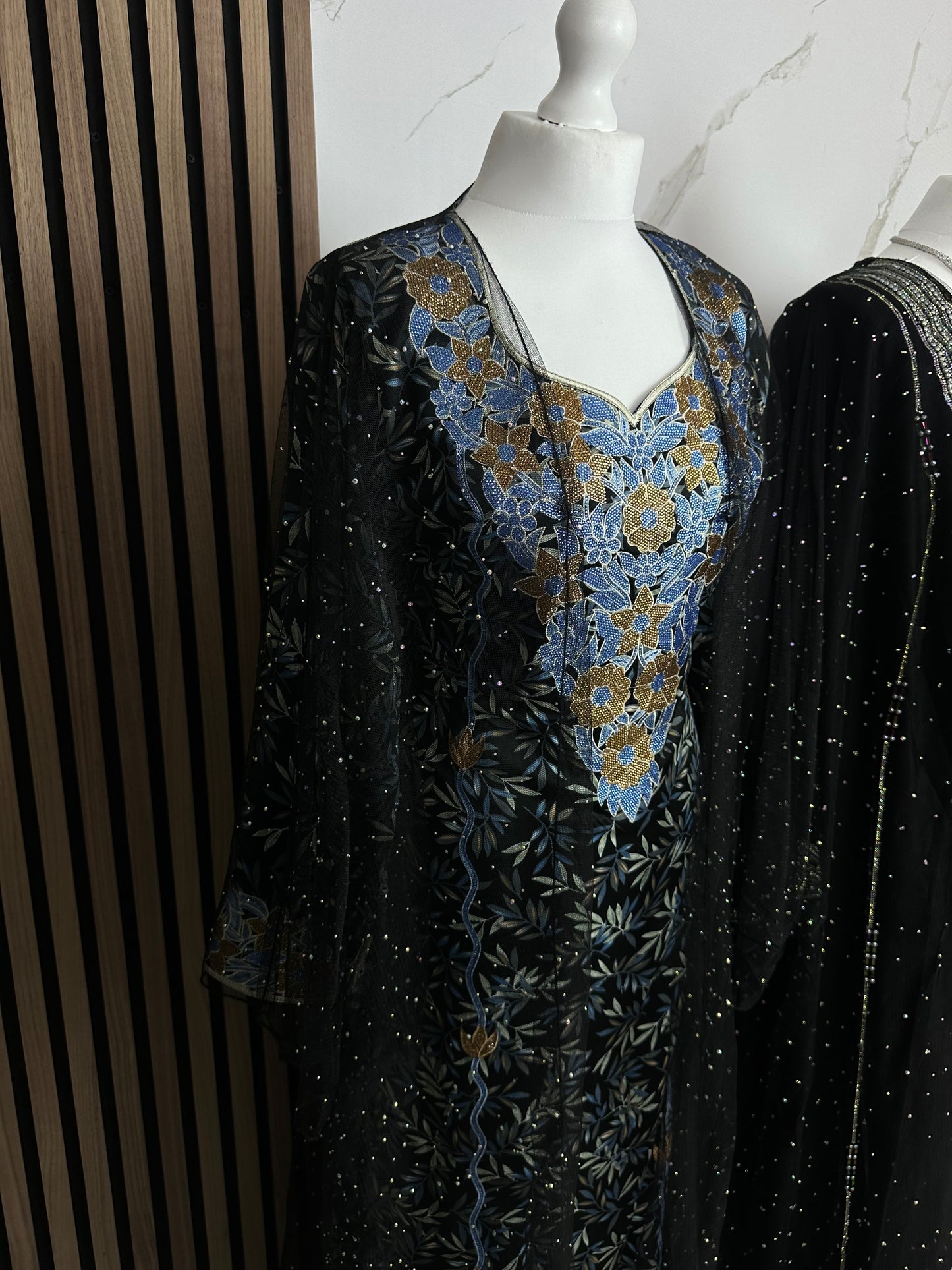 Black and blue mkhawar with black chiffon abaya