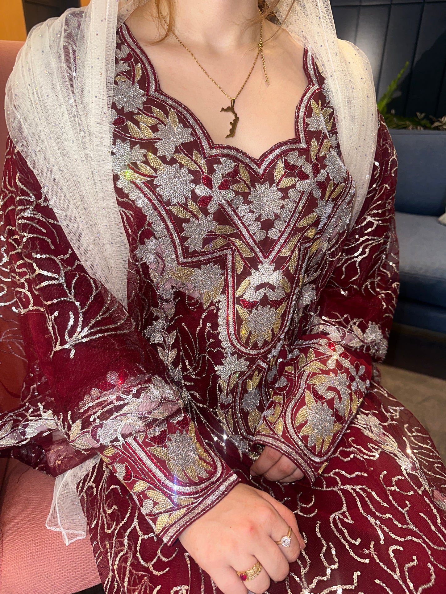 Burgundy and black Emirates Thobe with chiffon Sheila
