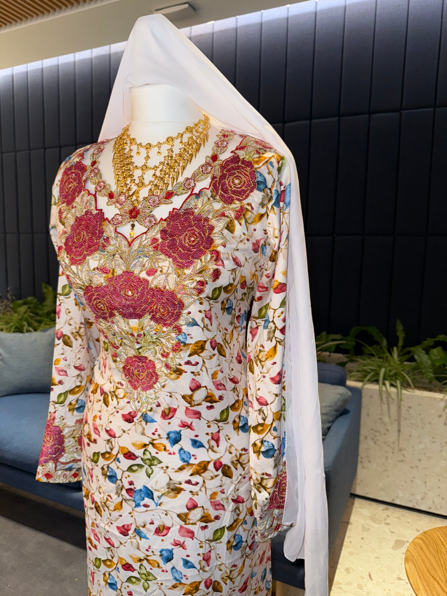 Red and white mukhawar with hijab