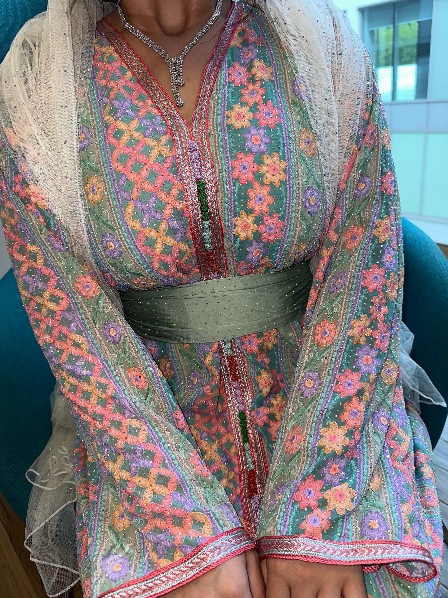 Green Moroccan caftan with belt and chiffon Sheila