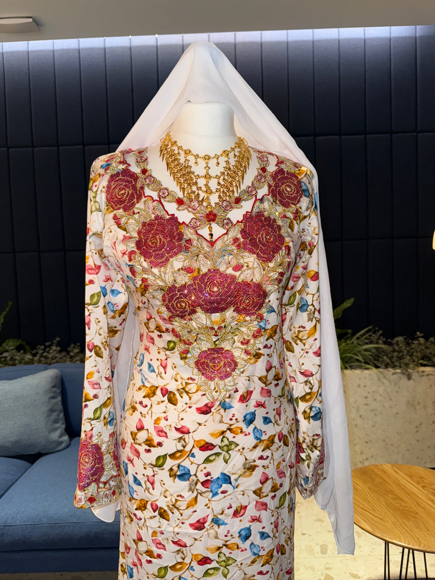 Red and white mukhawar with hijab